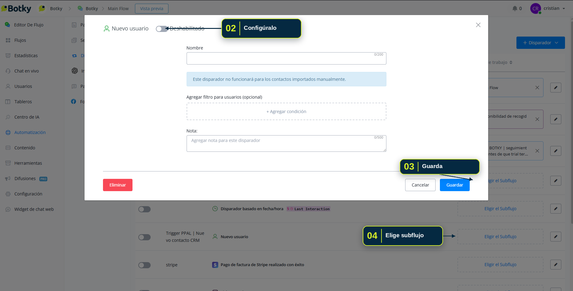 Ventana de configuración de un disparador