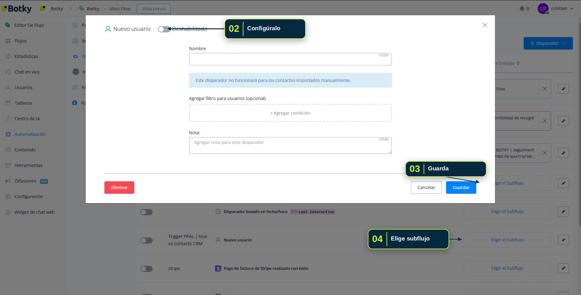 Ventana de configuración de un disparador