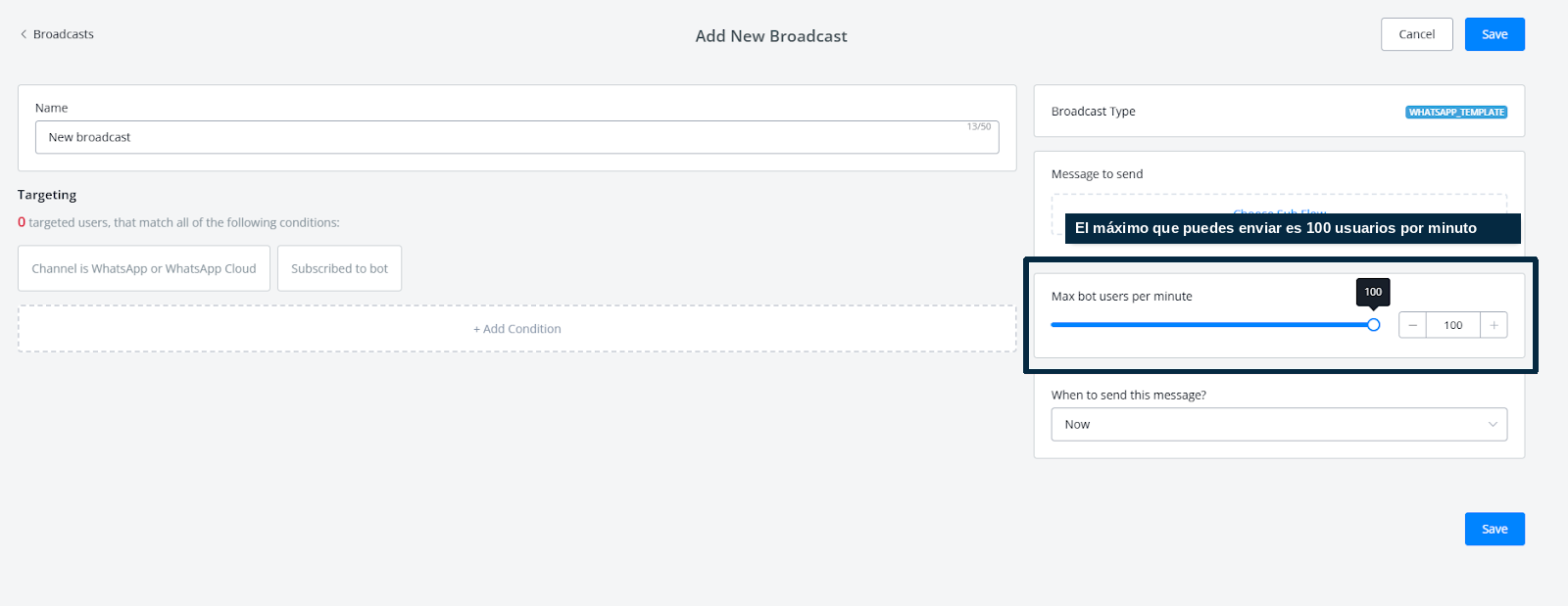 Configuración del máximo de usuarios por minuto