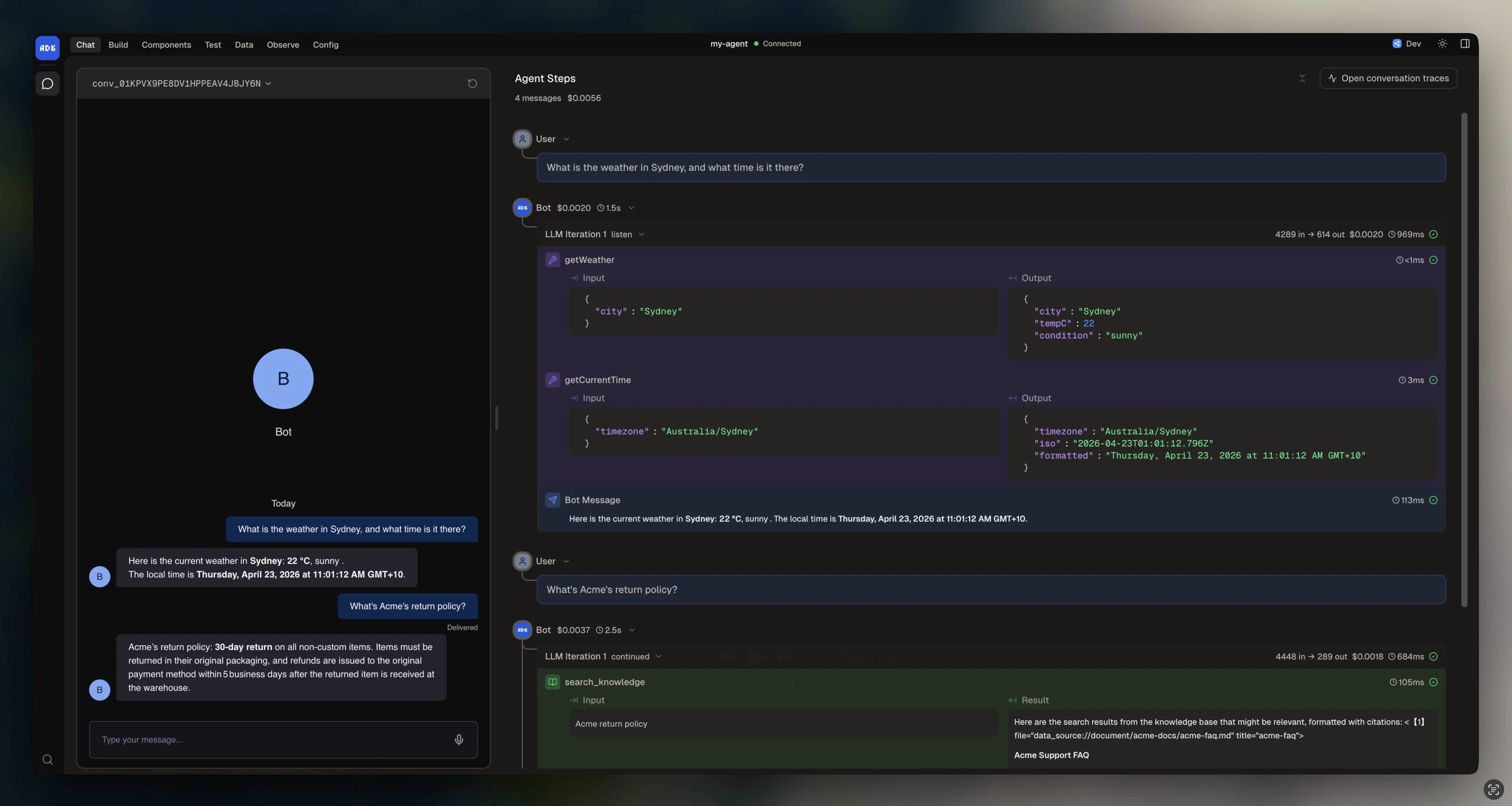 Agent Steps panel in dev console