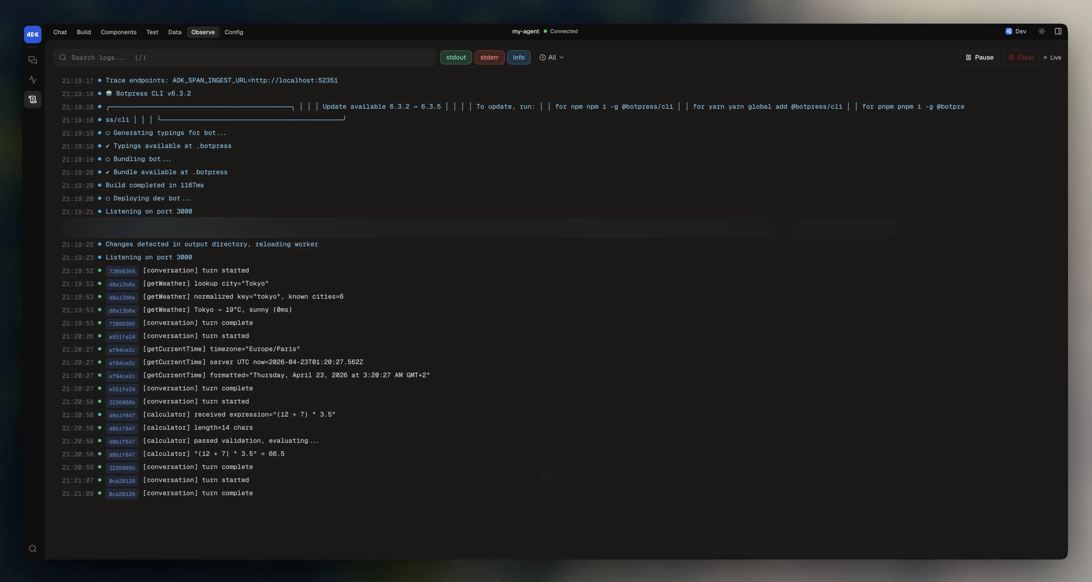 Logs view in dev console