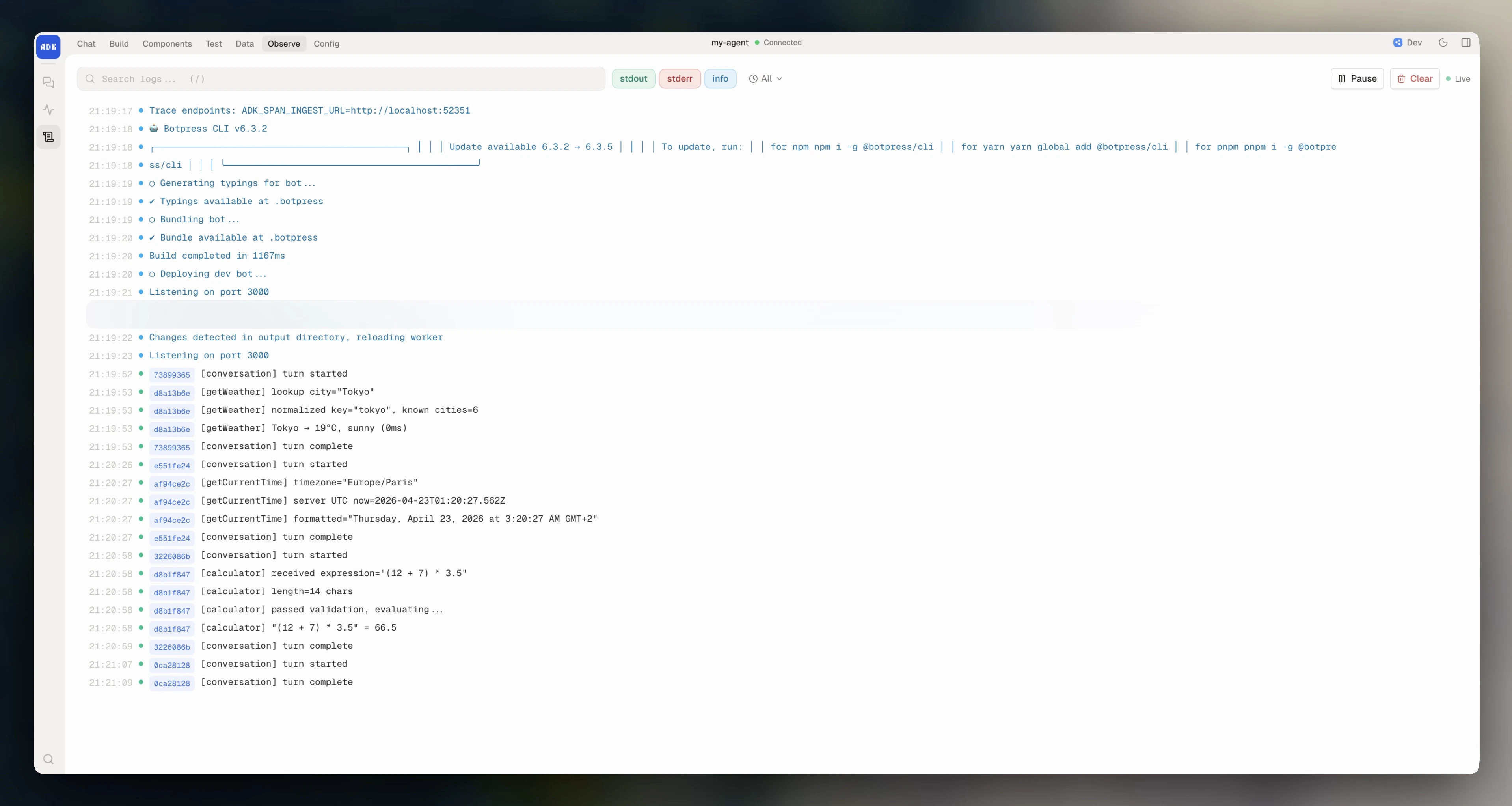 Logs view in dev console