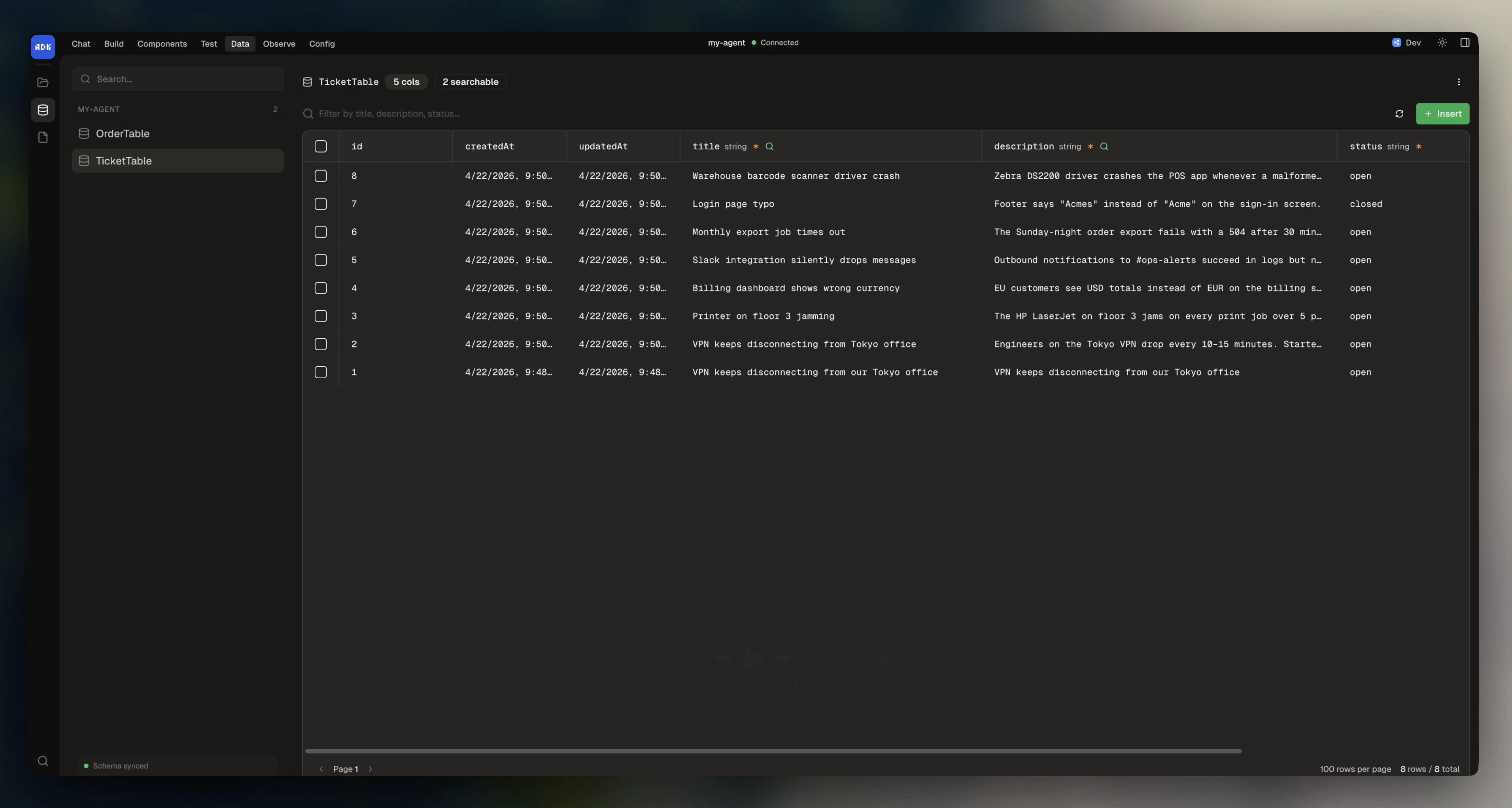 Tables page in dev console