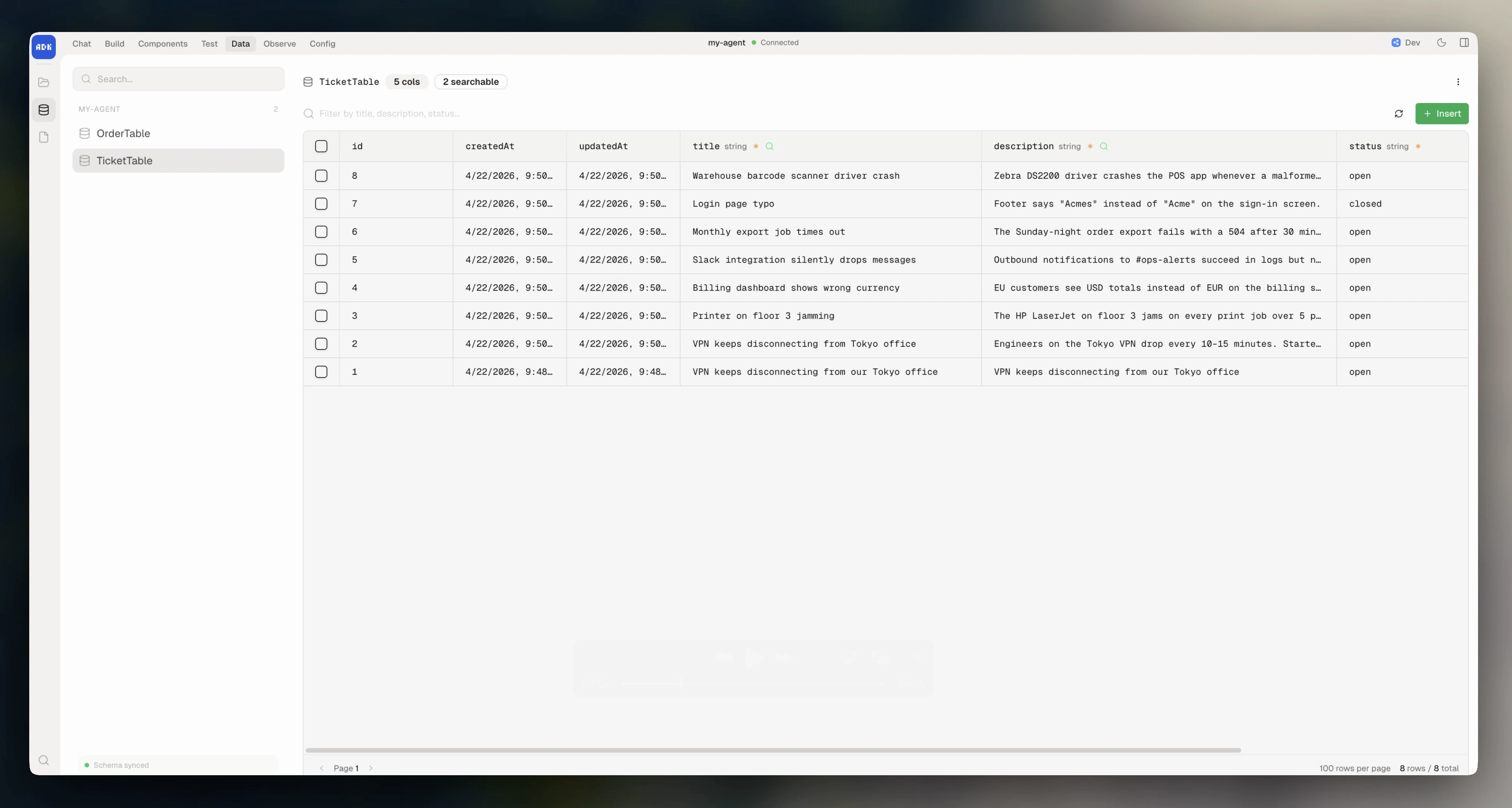 Tables page in dev console