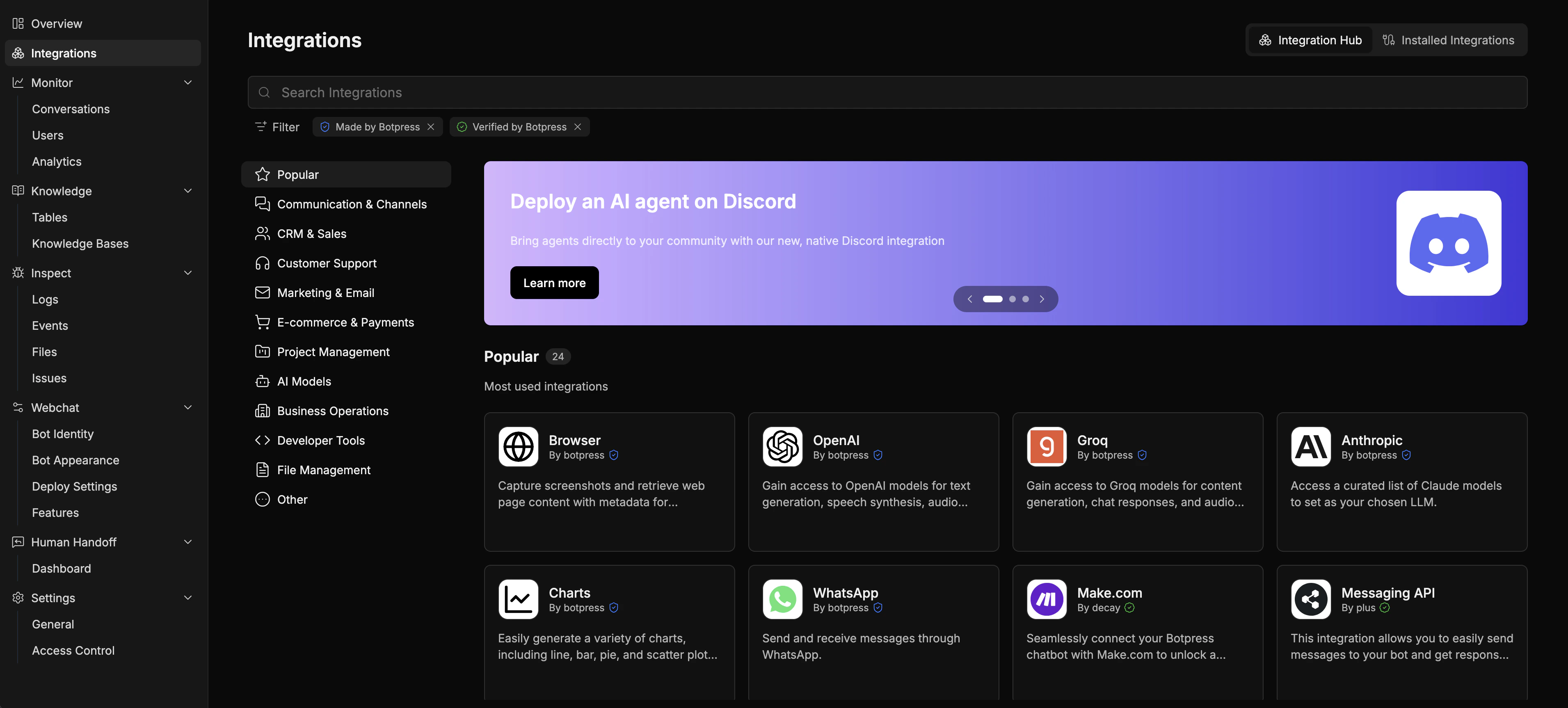 Integrations hub on the dashboard