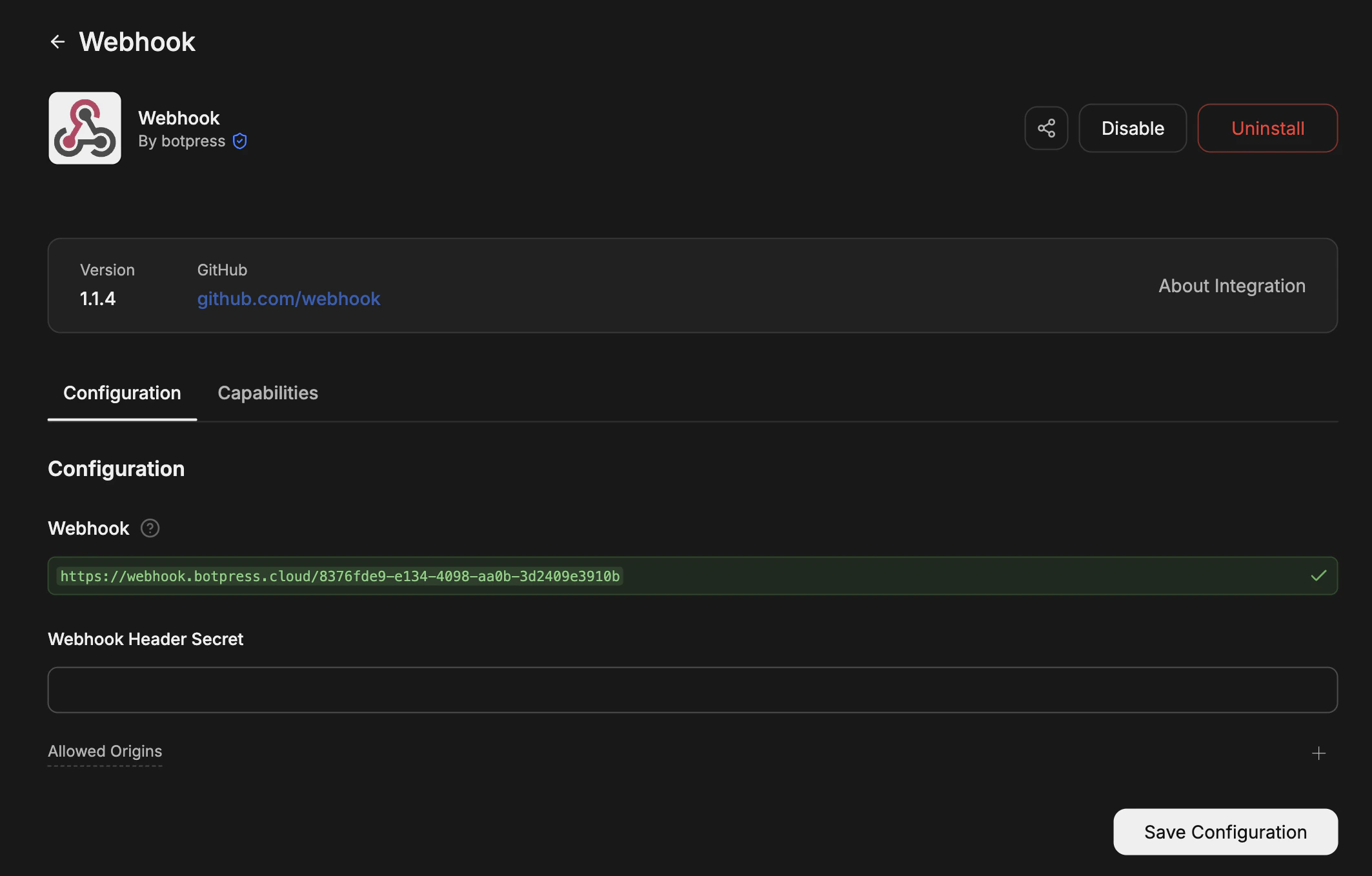 Webhook Configuration page with webhook URL