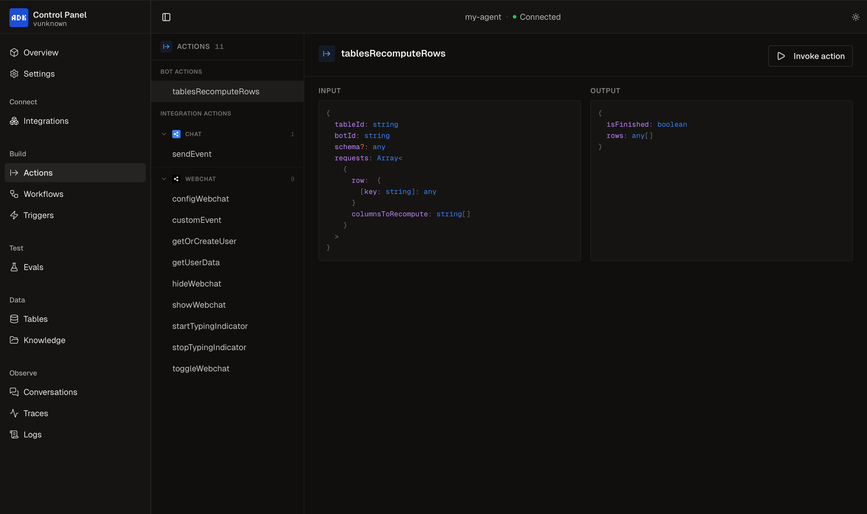 Actions page with Integration and Bot Actions