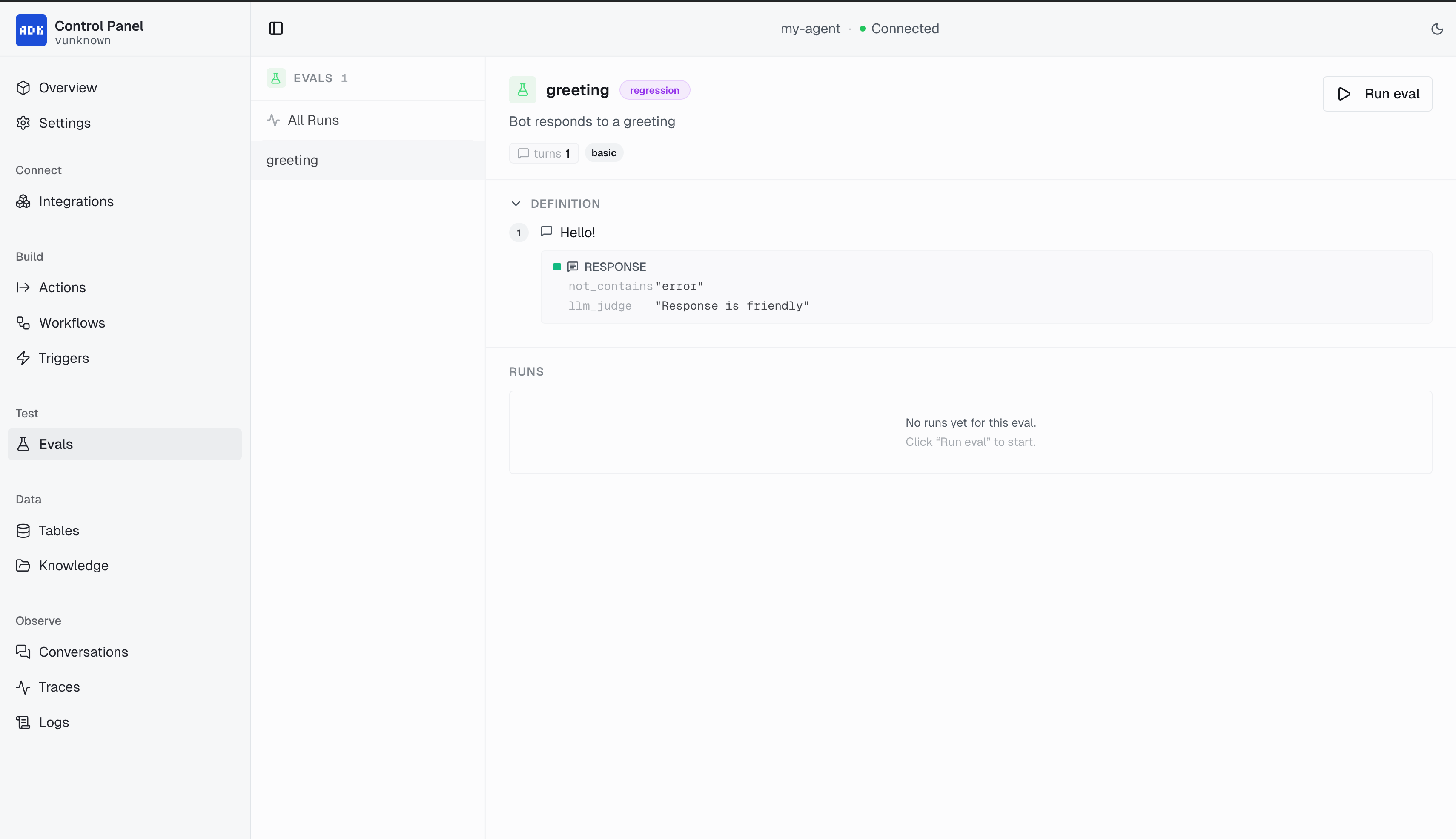 Evals page for declarative conversation tests