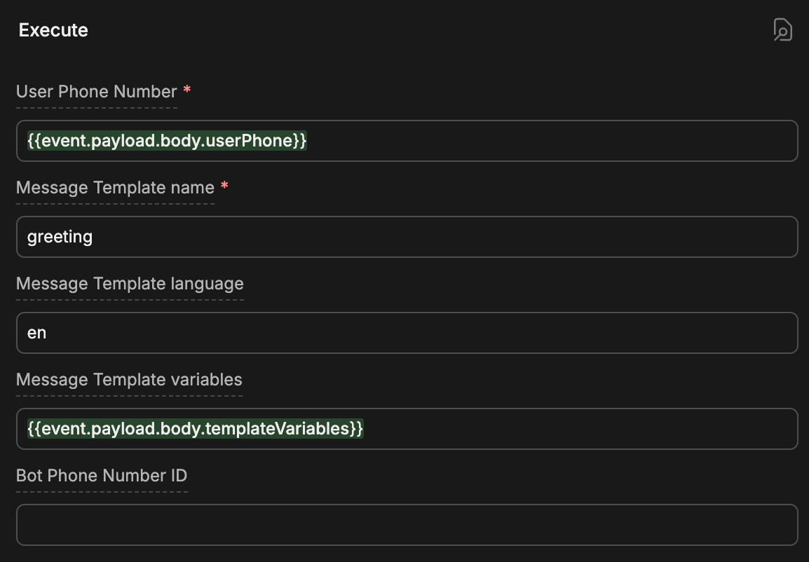 Start Conversation Card with User Phone, Template name, Template language, and Template variables
