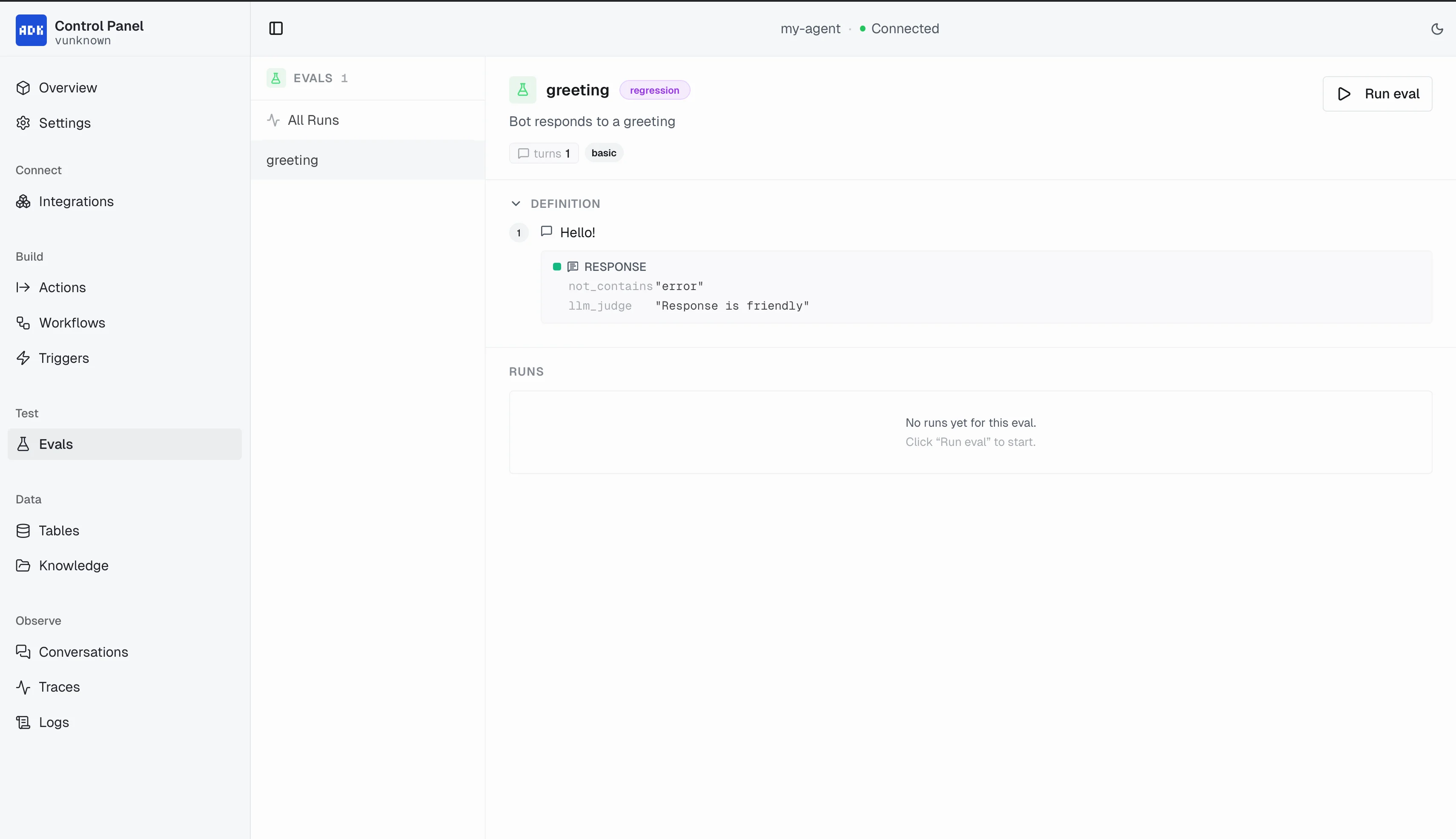 Evals page for declarative conversation tests