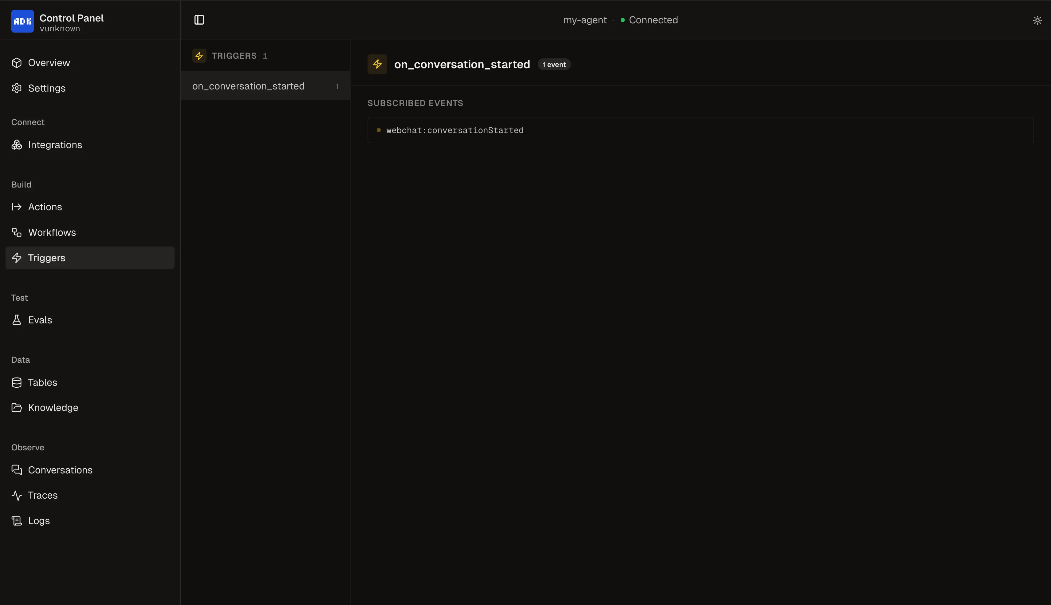 Triggers page in Control Panel