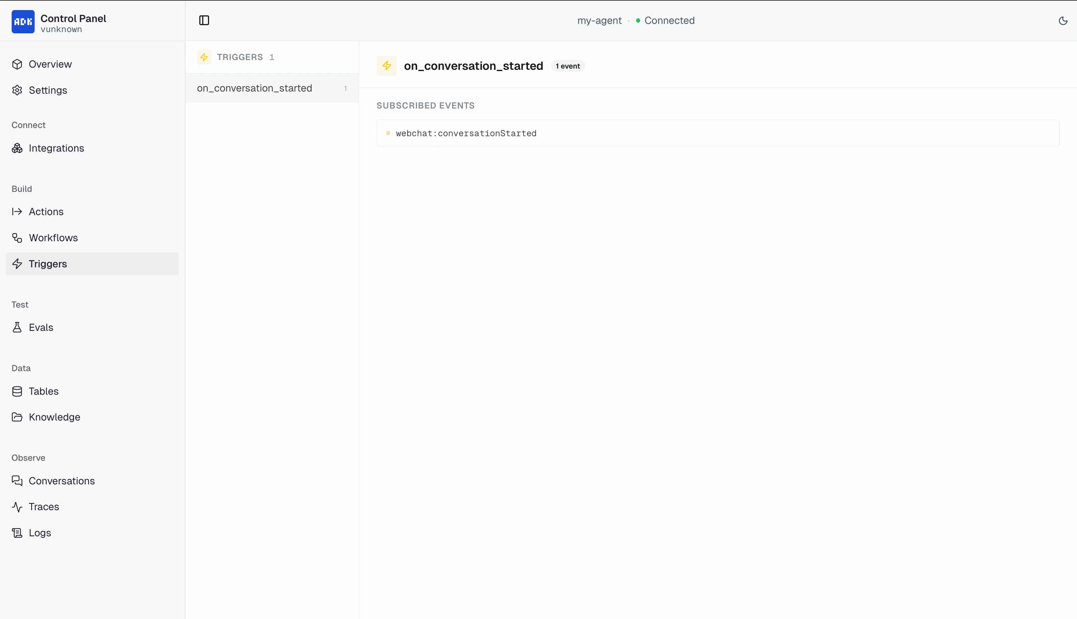 Triggers page in Control Panel