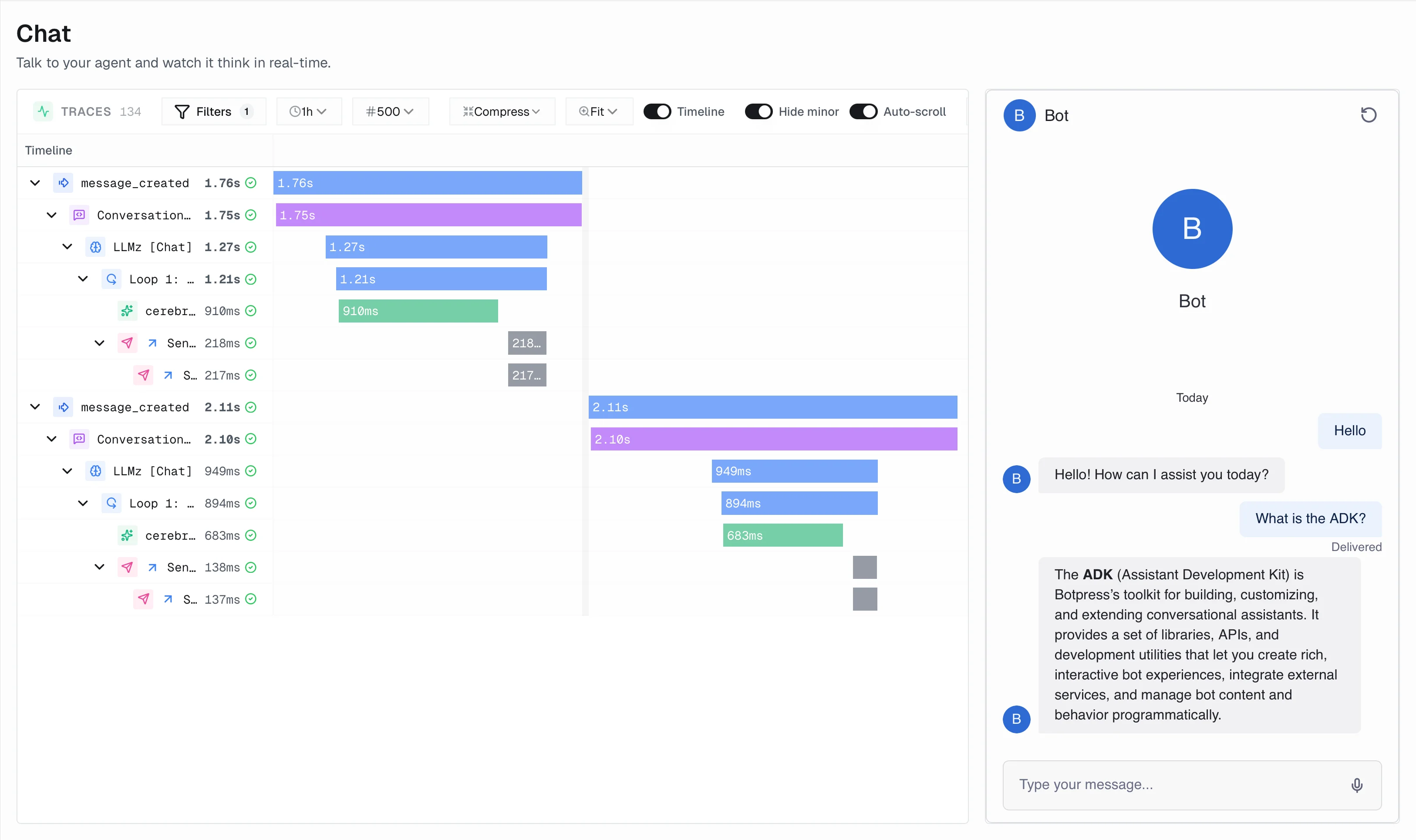 Chat view with Timeline and Bot conversation