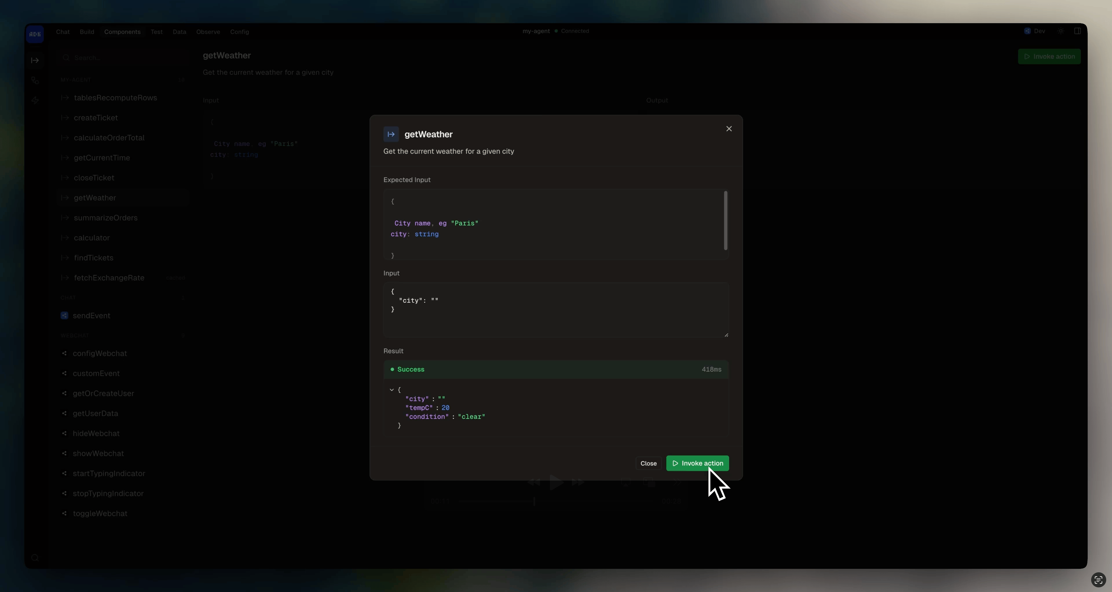 Actions page in dev console