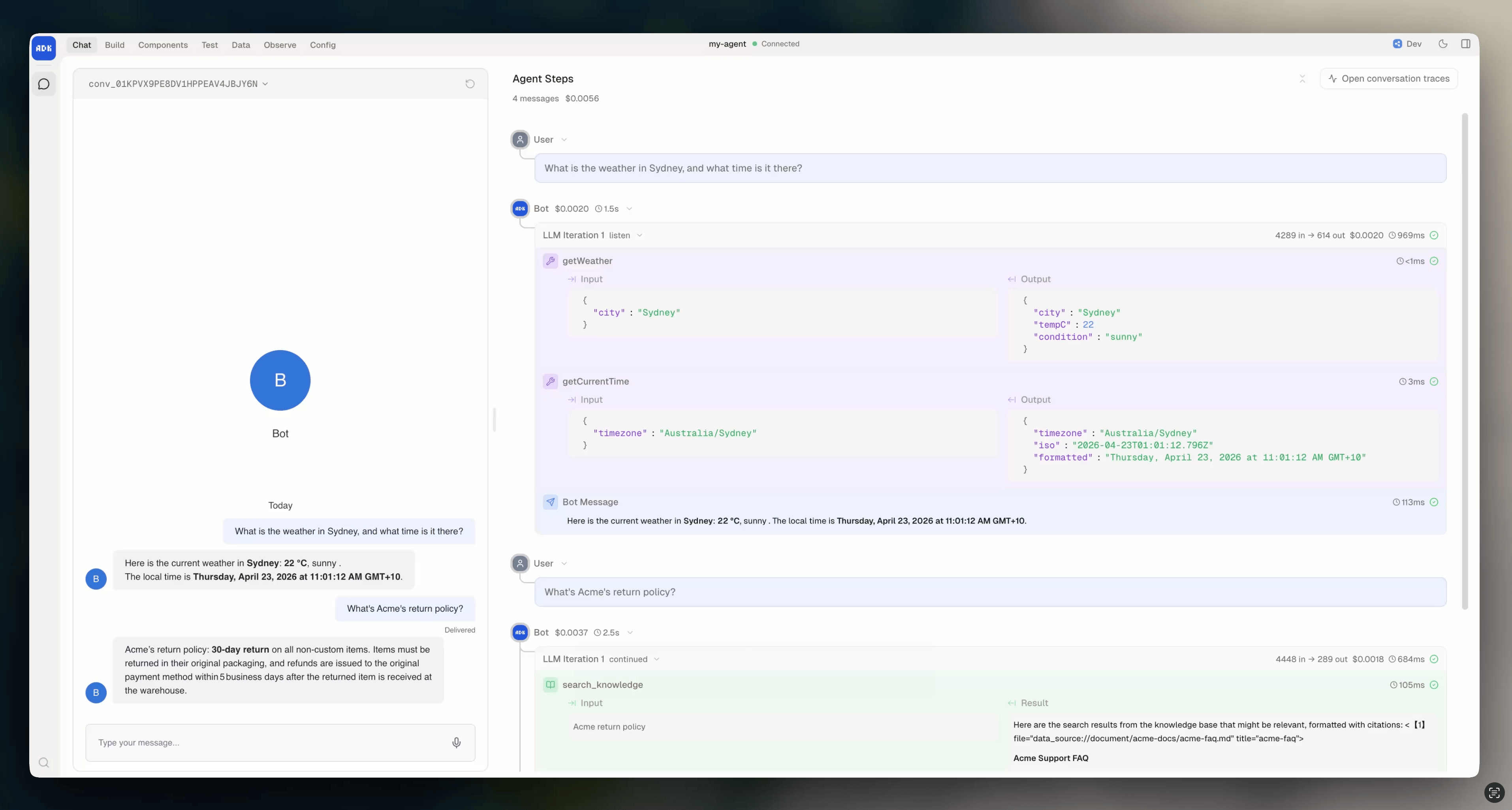 Agent Steps panel in dev console