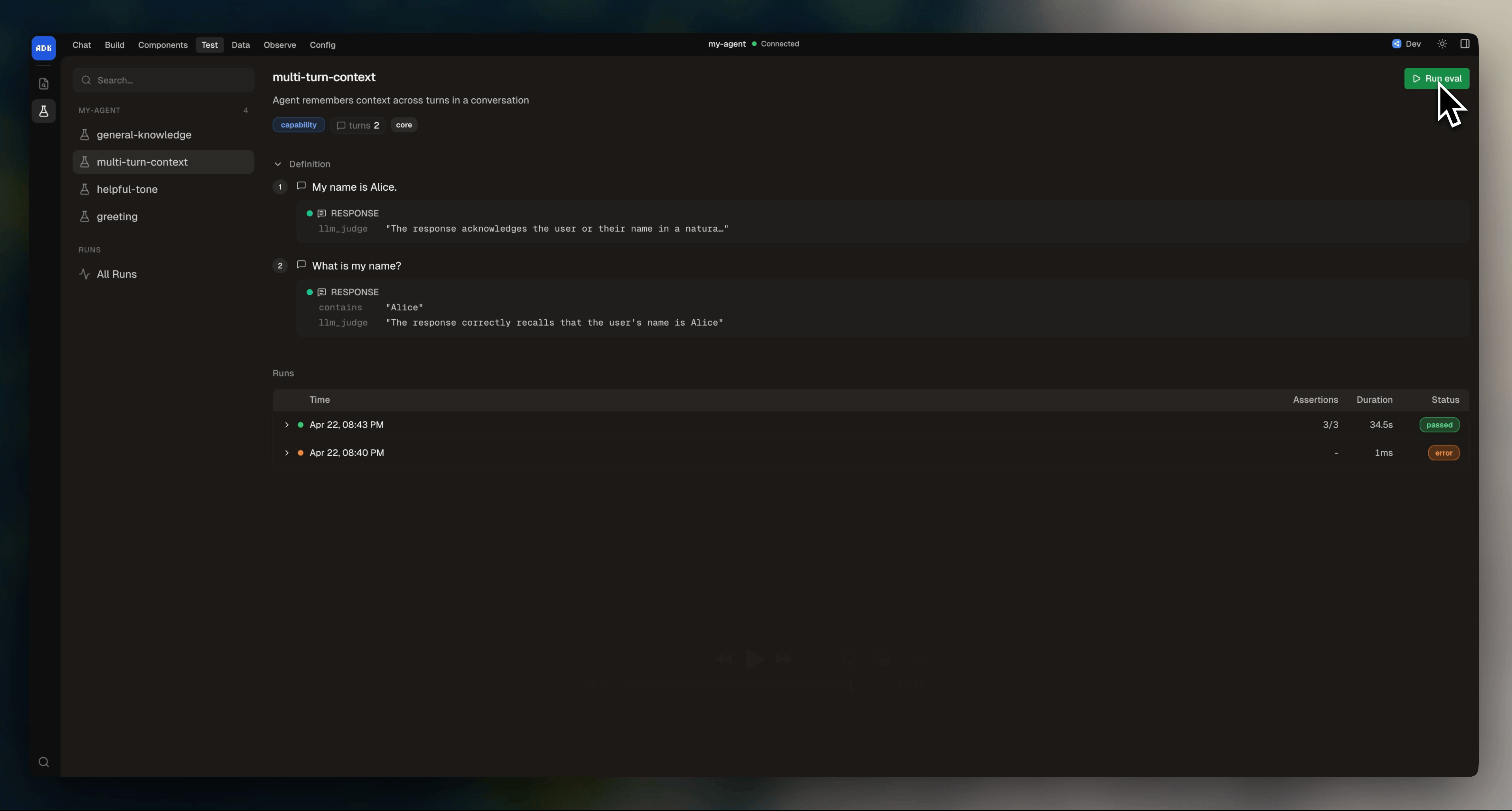 Evals page in dev console