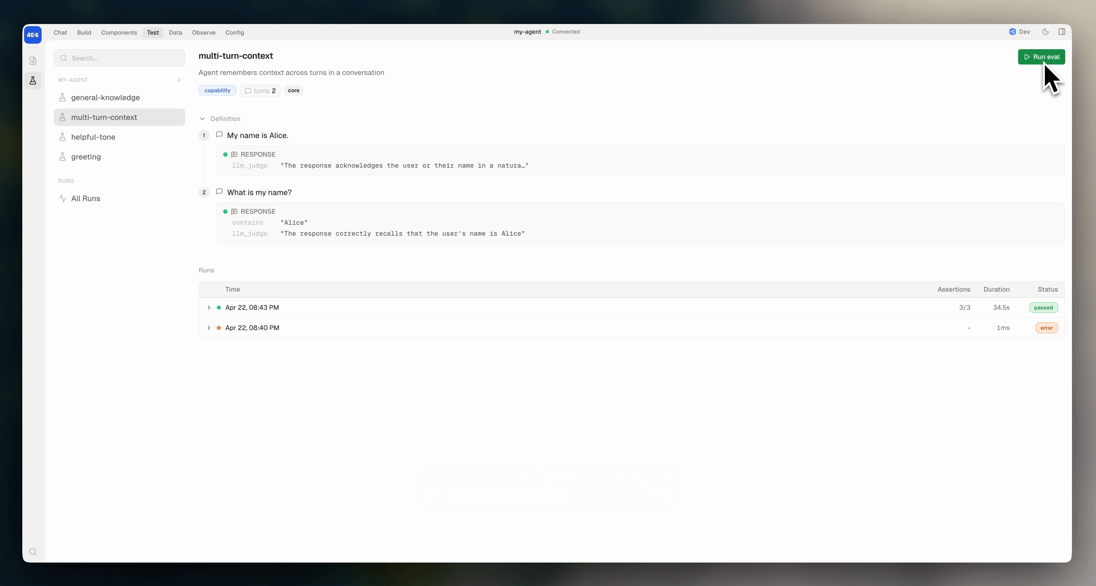 Evals page in dev console