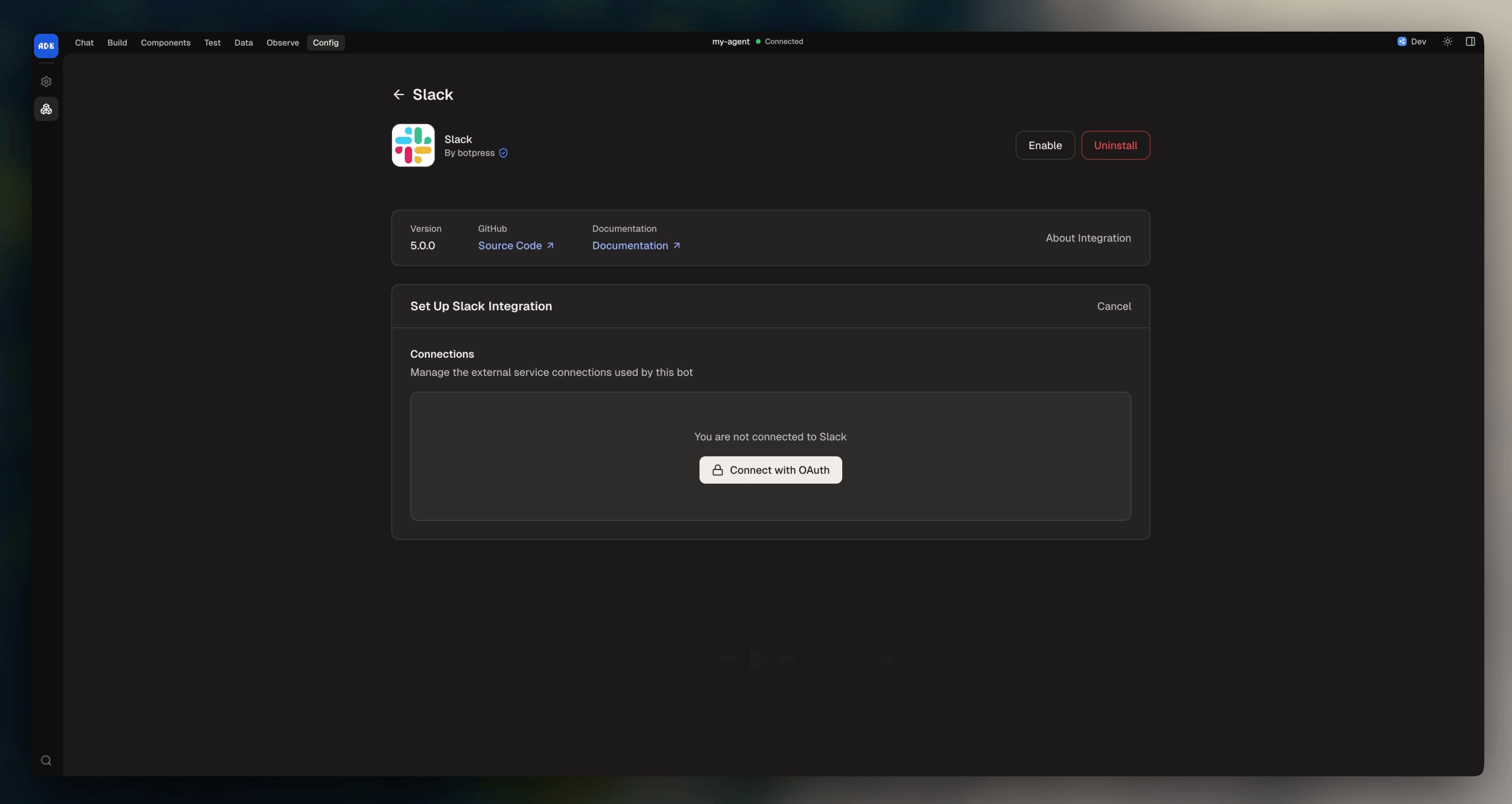 Integration configuration in dev console