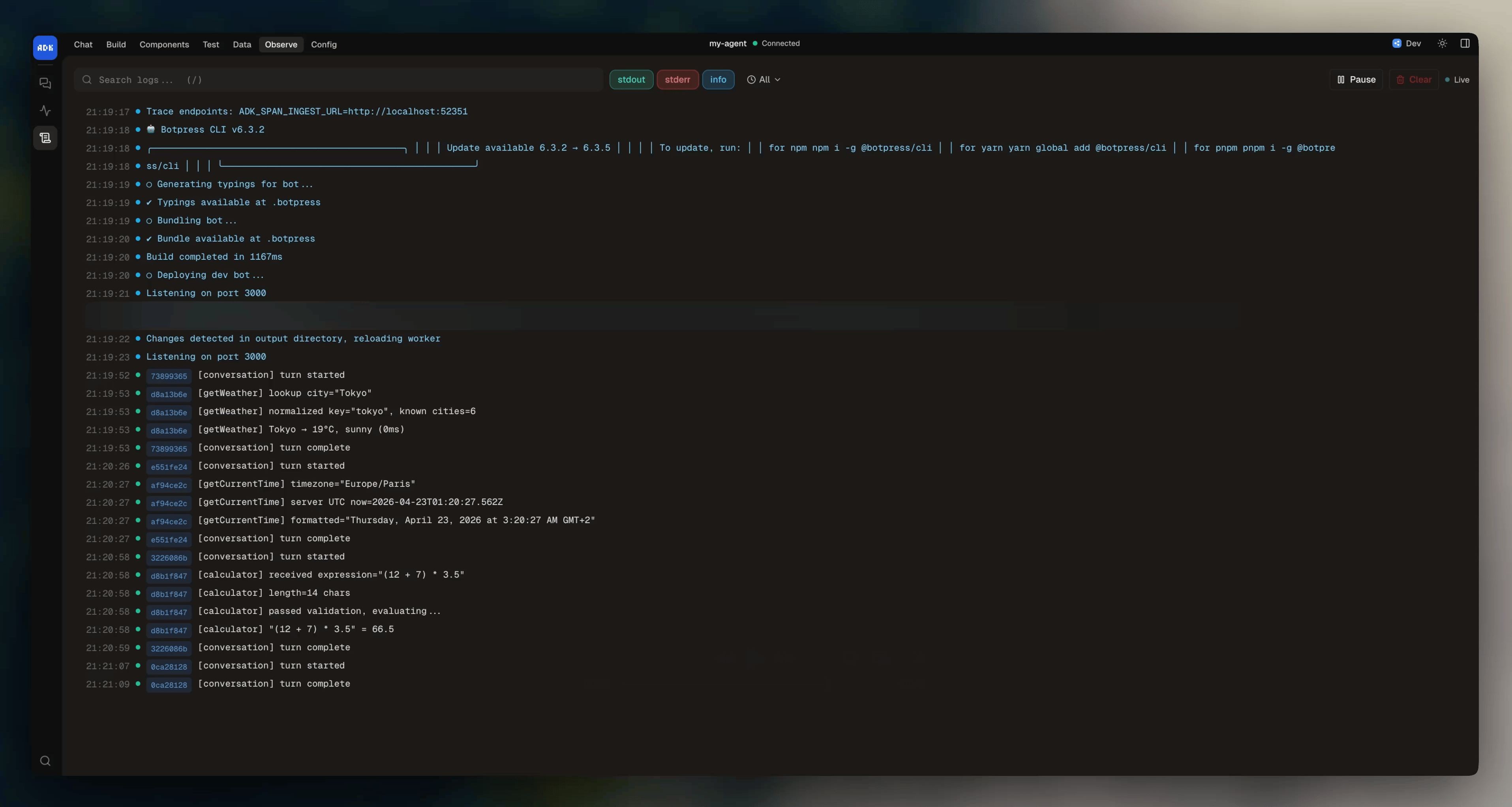 Logs view in dev console