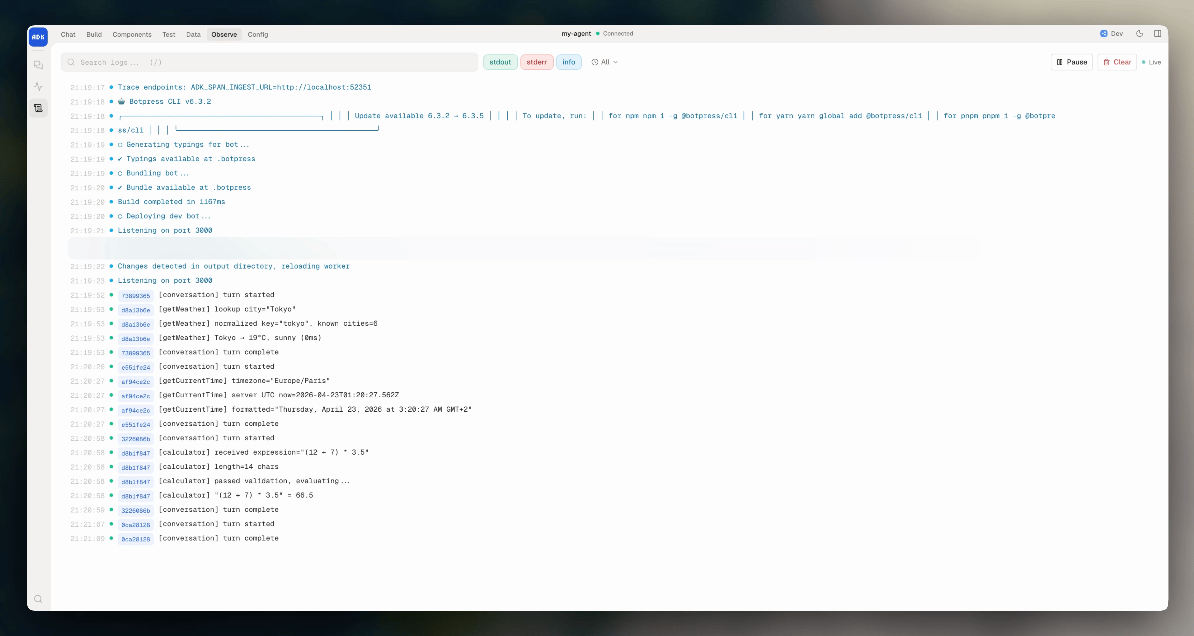 Logs view in dev console