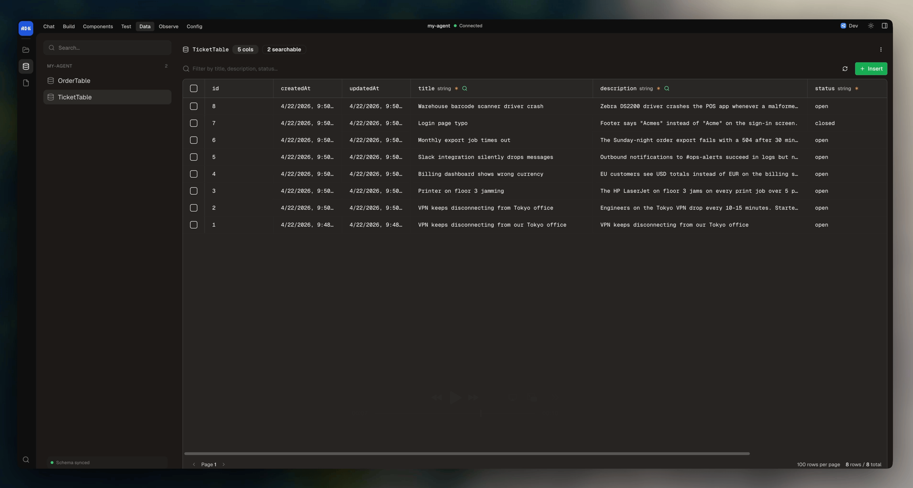 Tables page in dev console