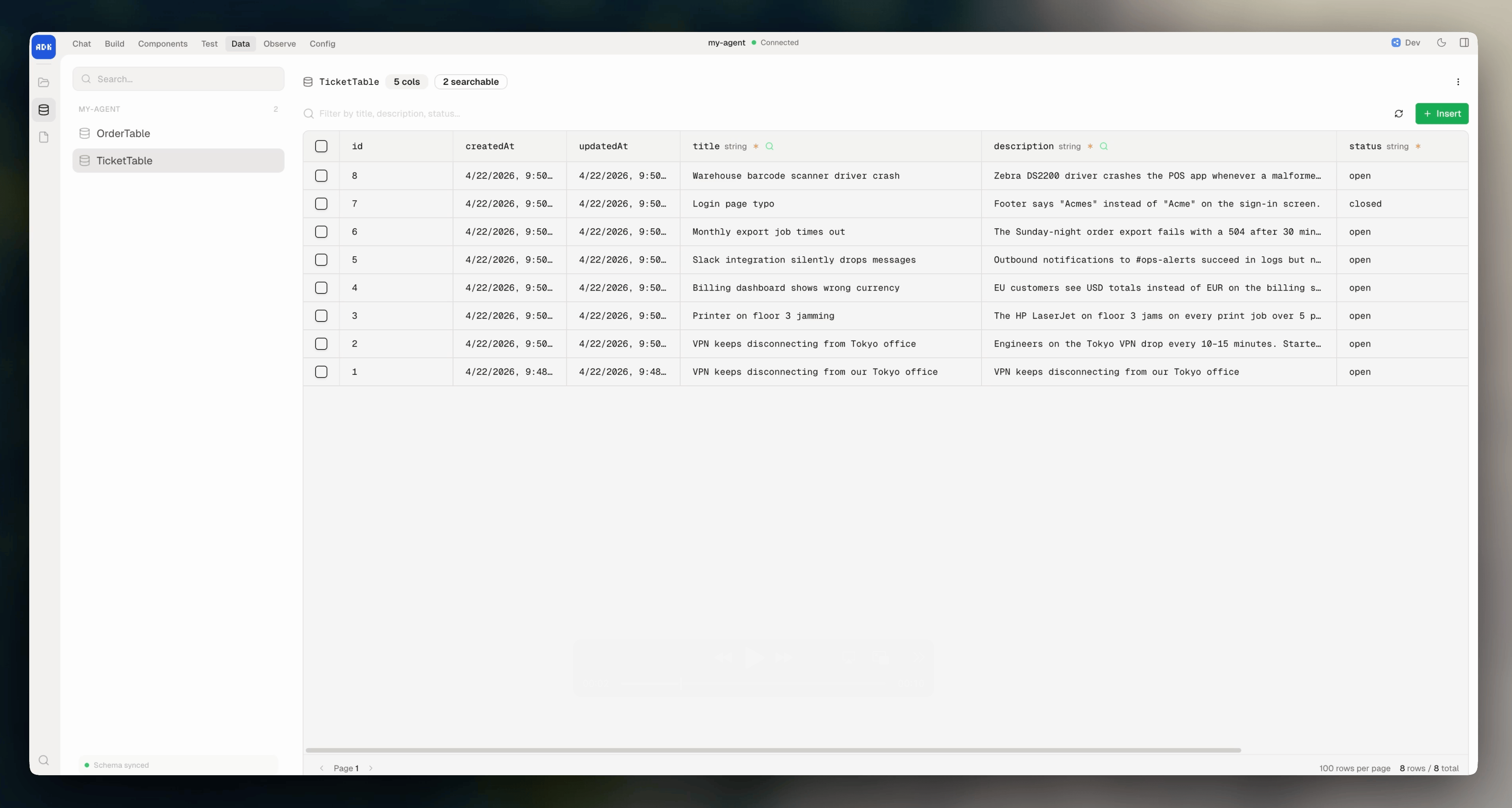 Tables page in dev console