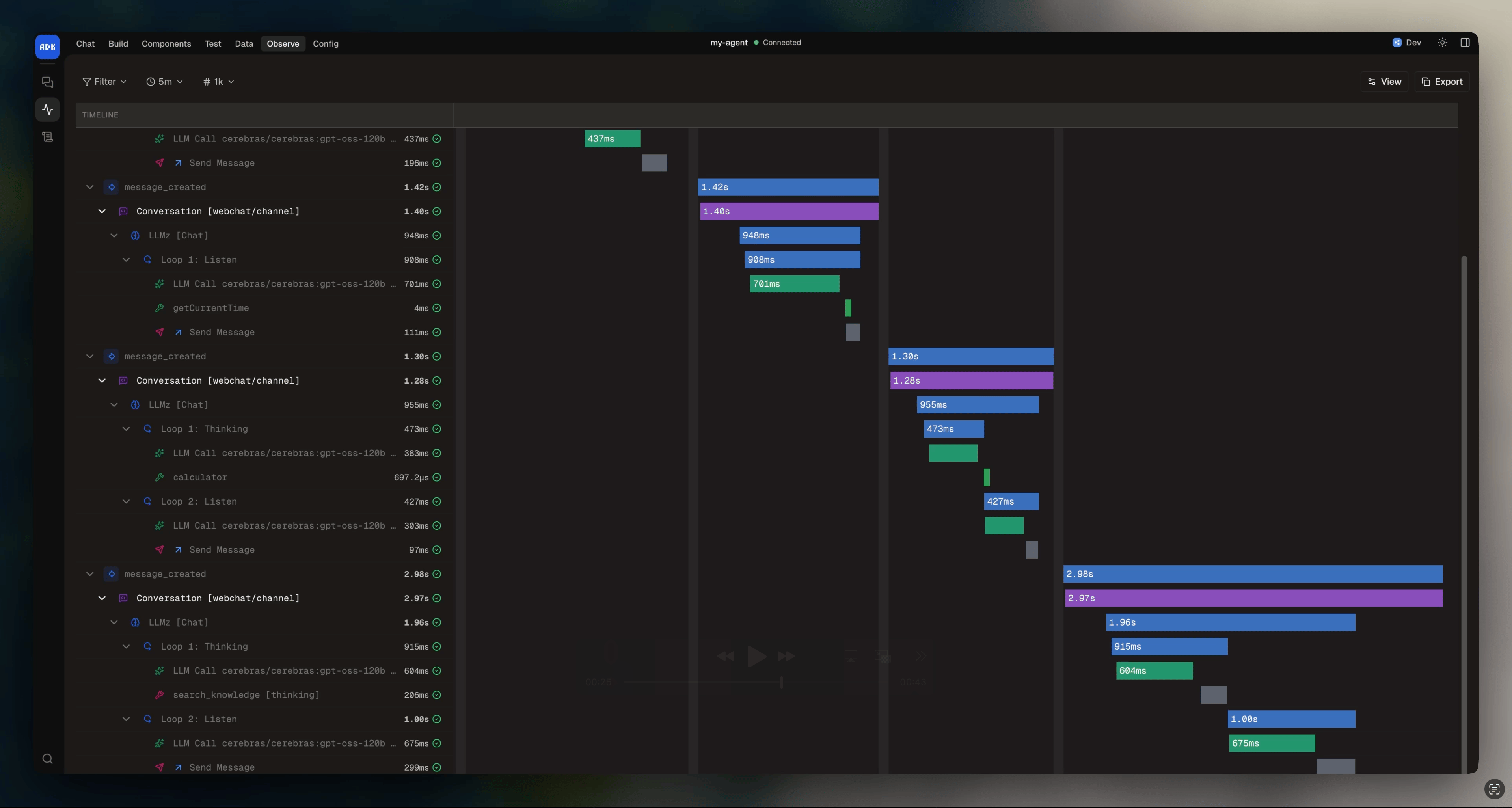 Traces view in dev console