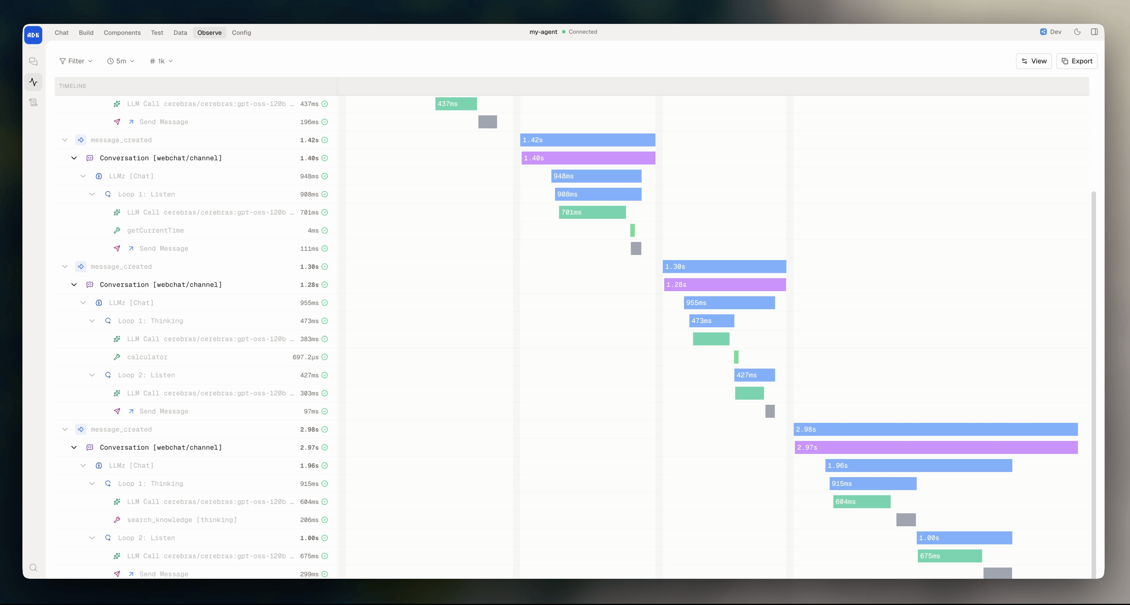 Traces view in dev console