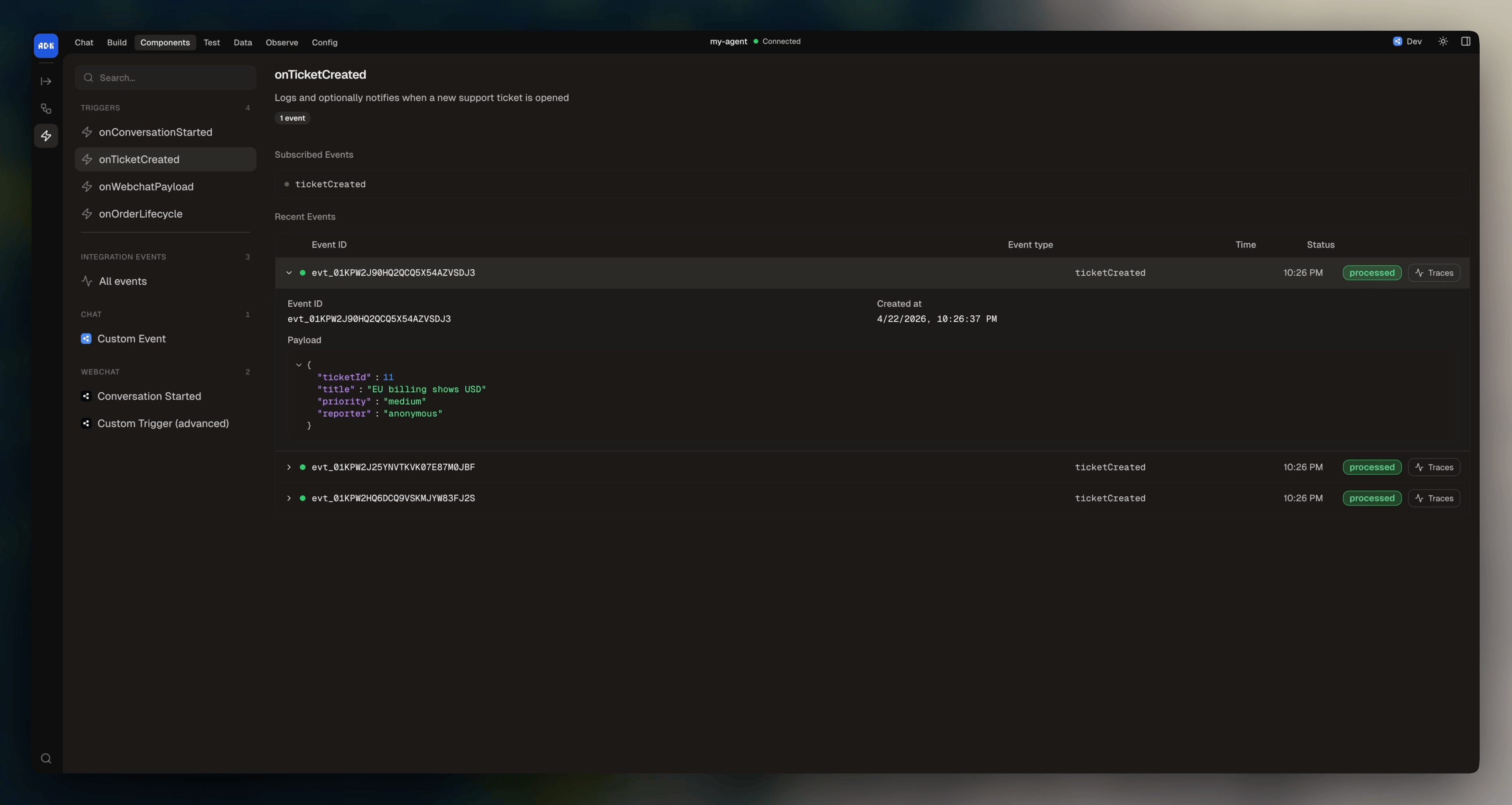 Triggers page in dev console
