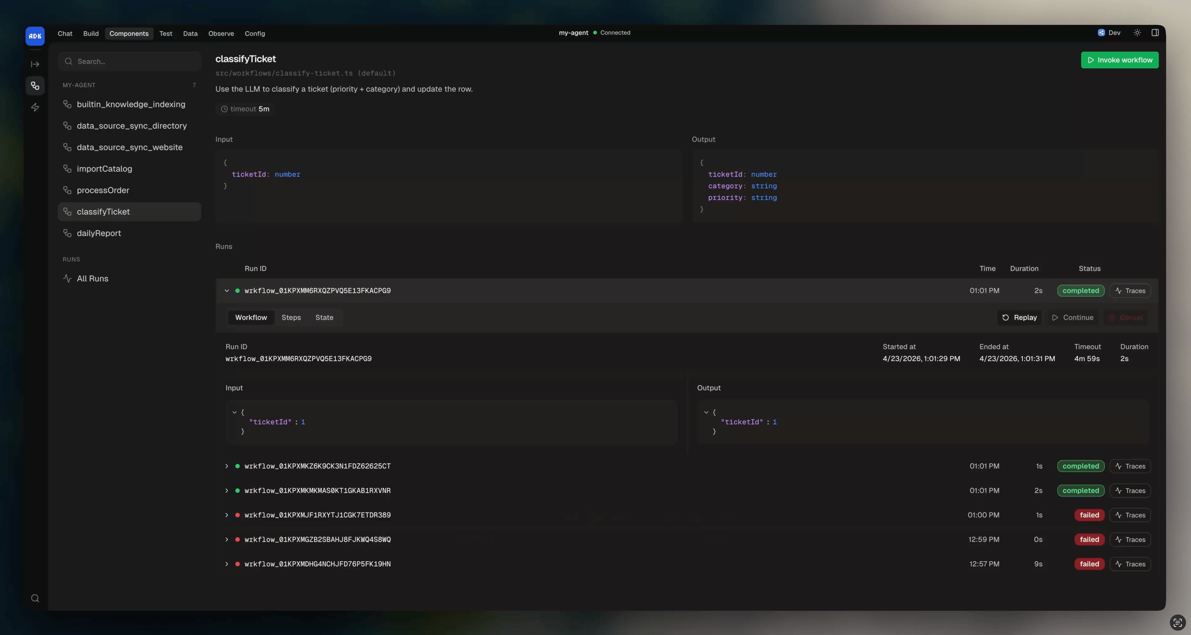 Workflows page in dev console