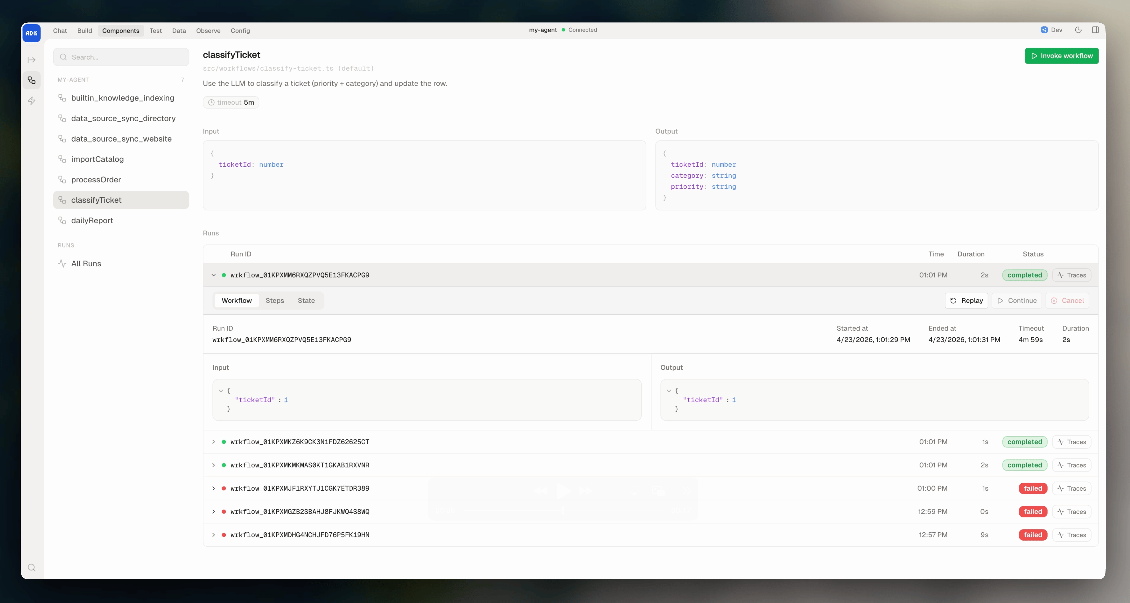 Workflows page in dev console