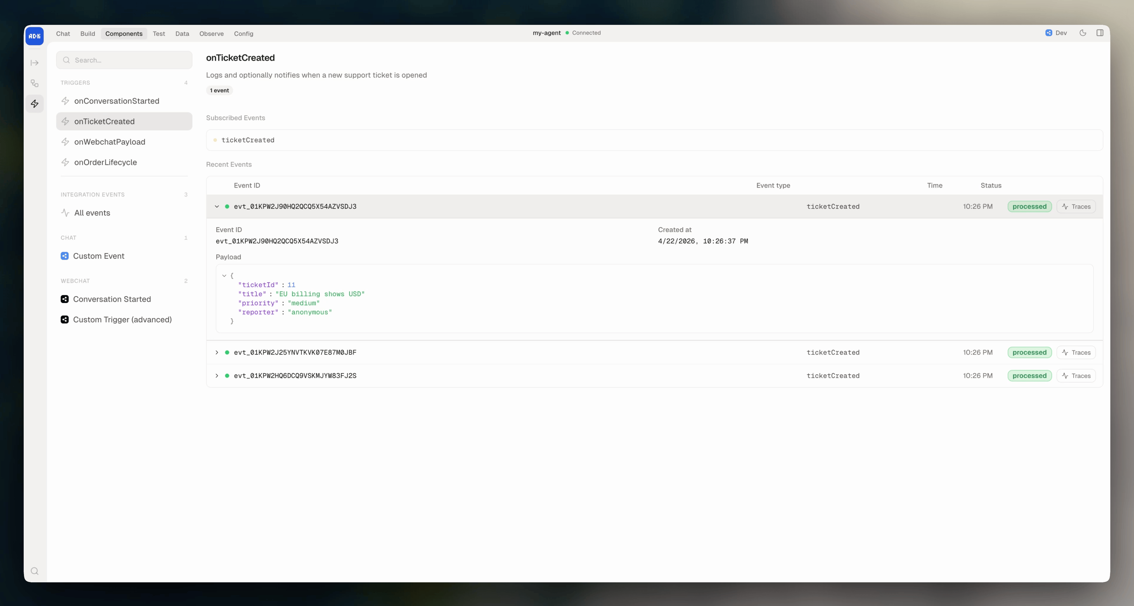 Triggers page in dev console