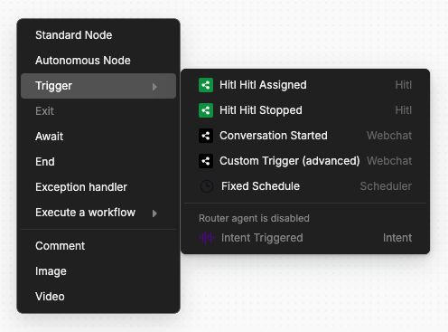 Trigger menu