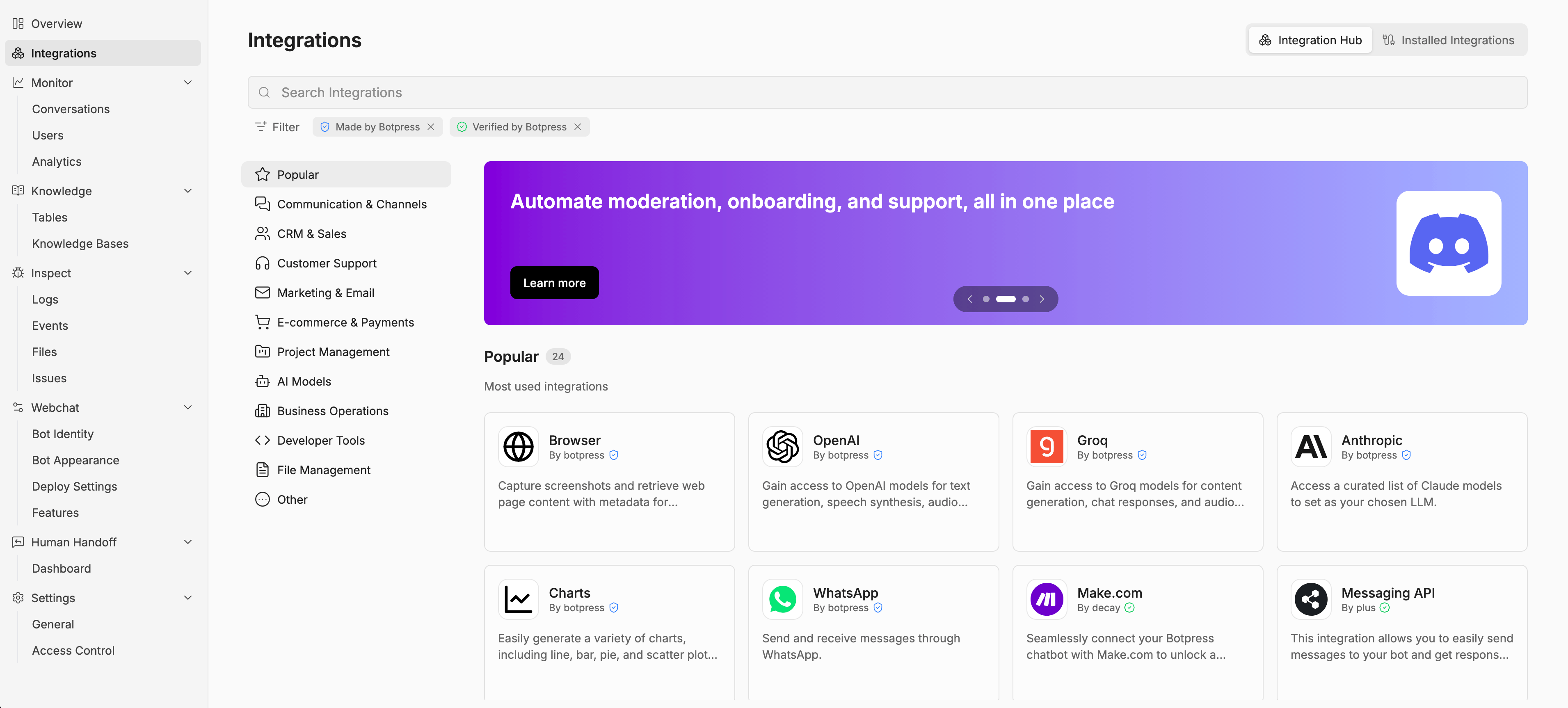 Integrations hub on the dashboard