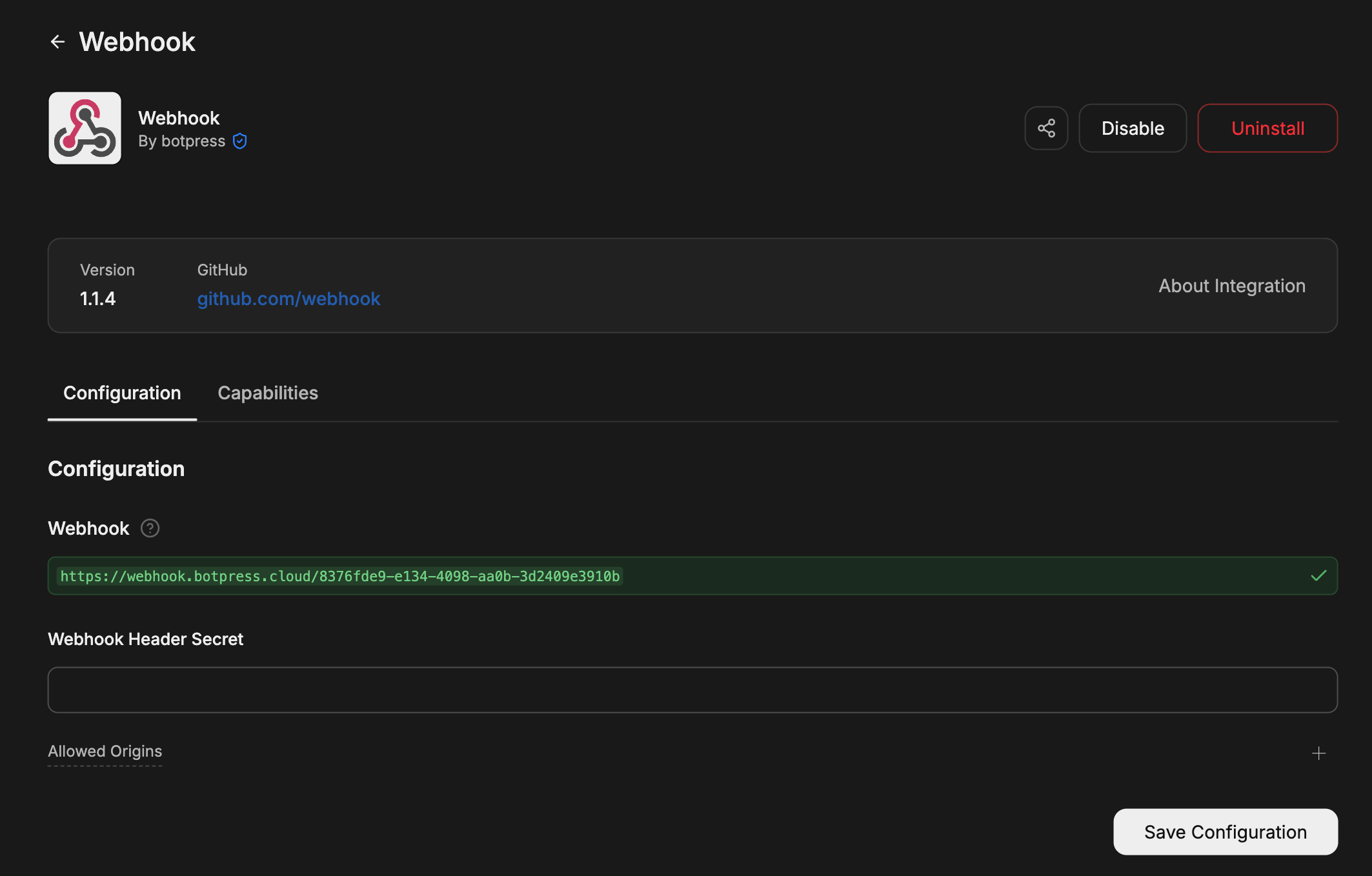 Webhook Configuration page with webhook URL