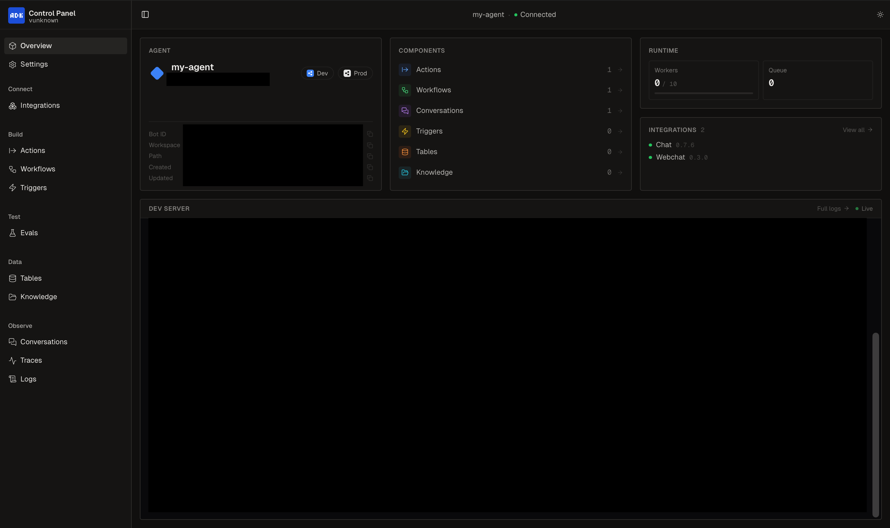 ADK Control Panel with sidebar and main view
