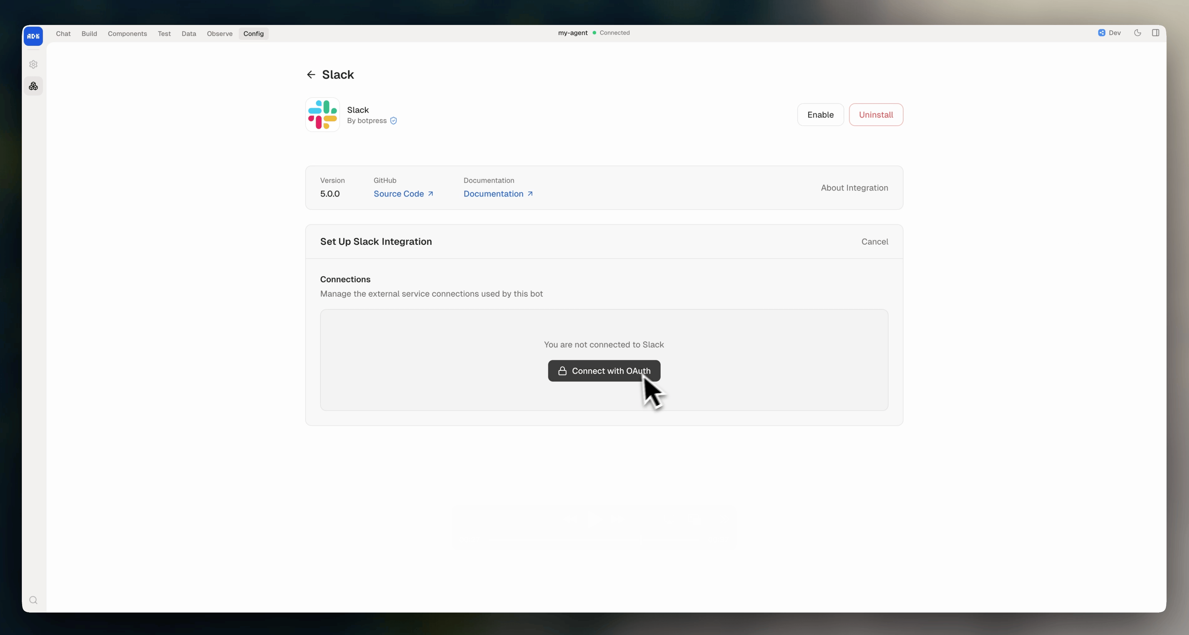 Integration configuration in dev console