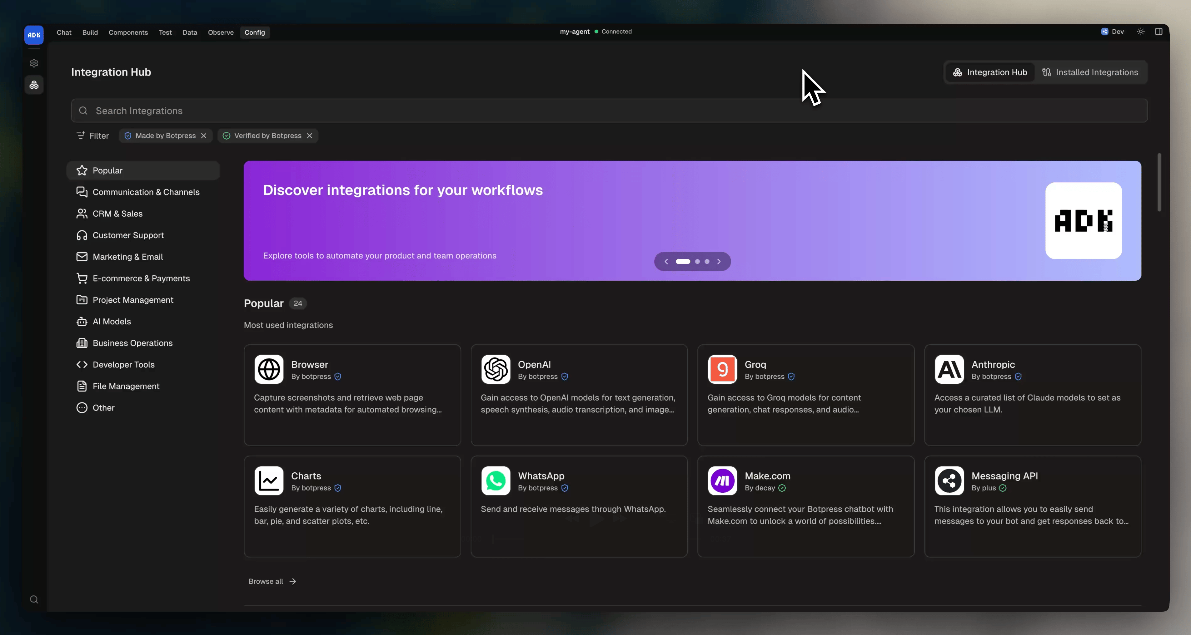 Integrations page in dev console