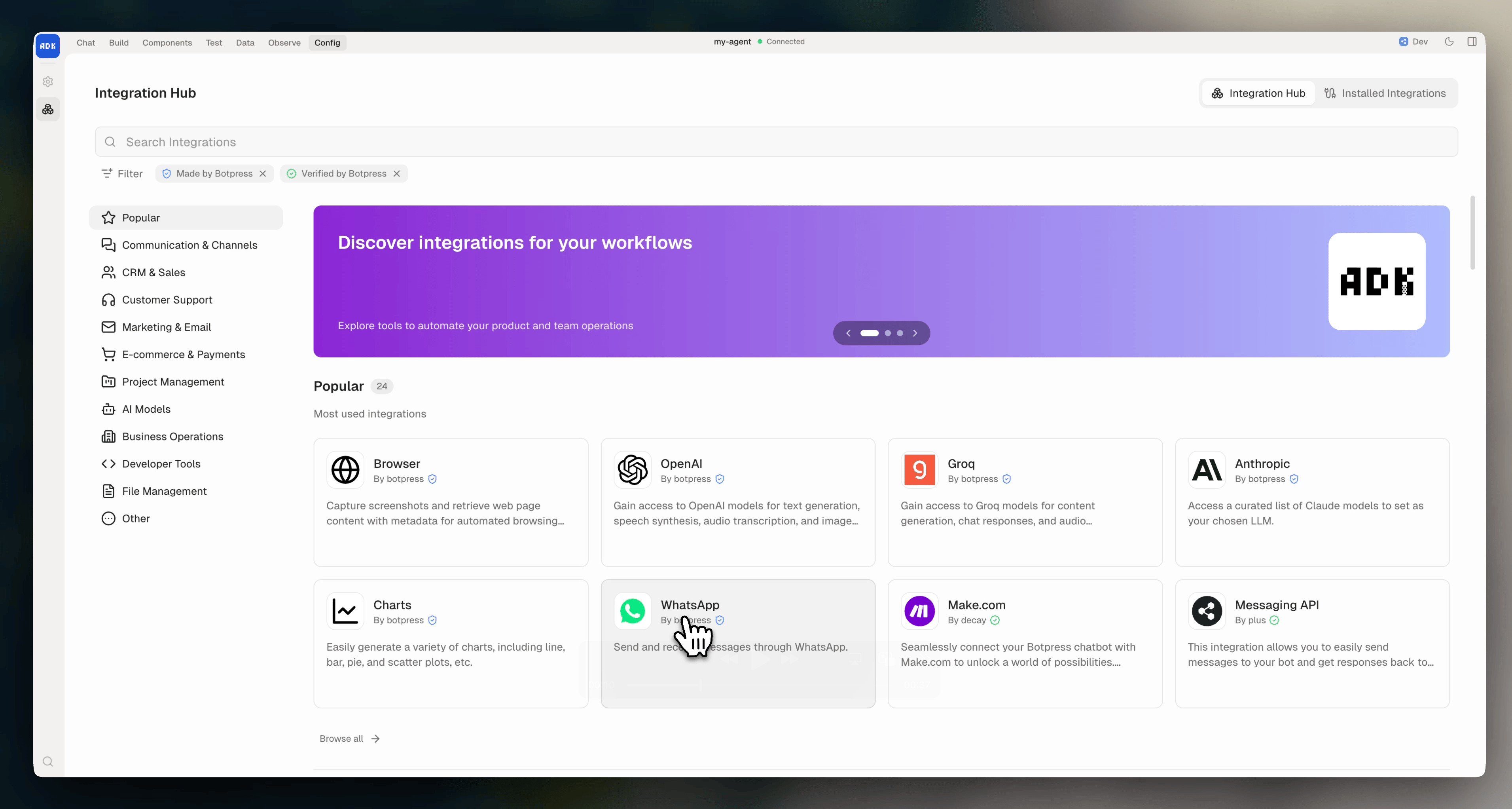 Integrations page in dev console