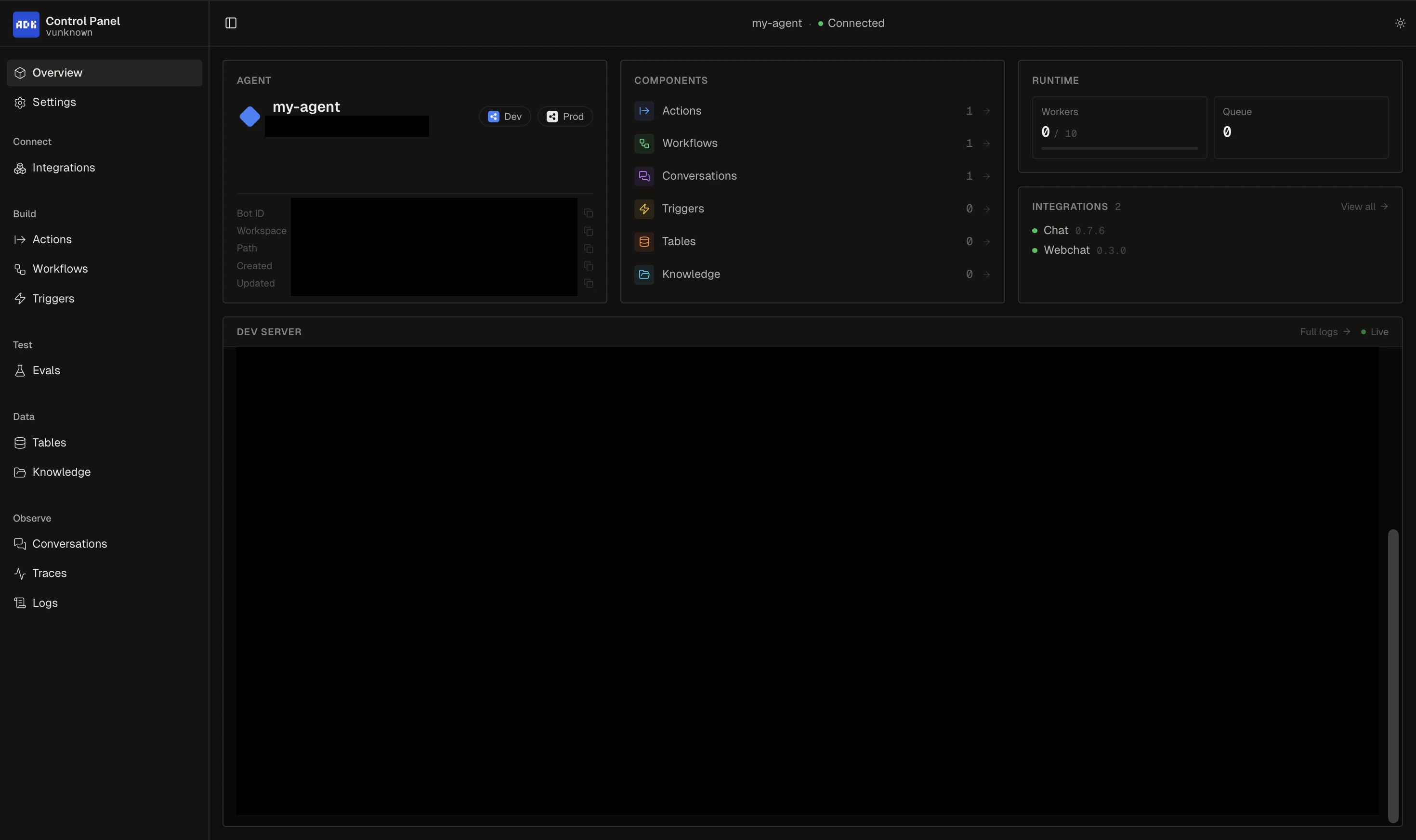ADK Control Panel with sidebar and main view