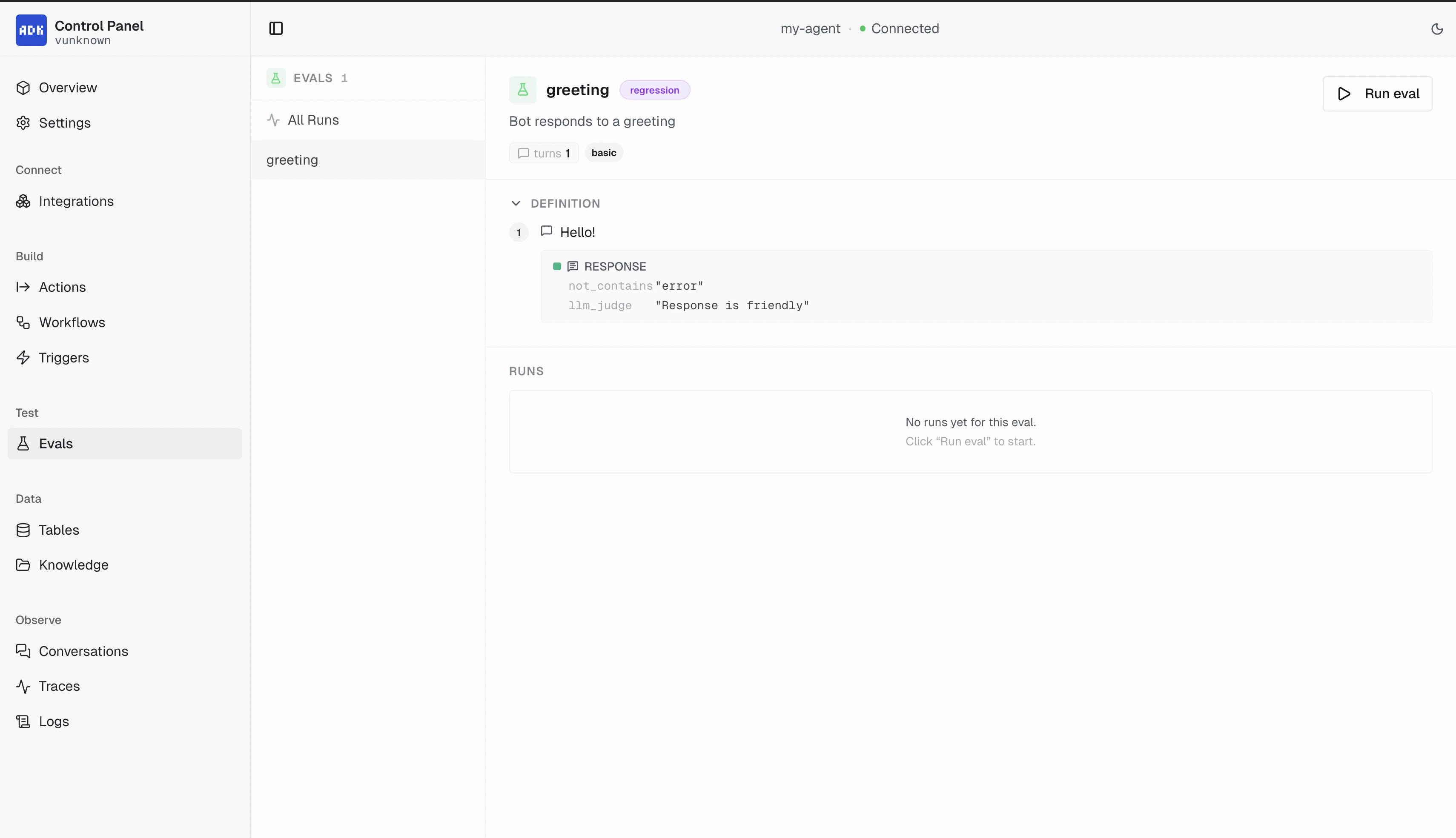 Evals page for declarative conversation tests