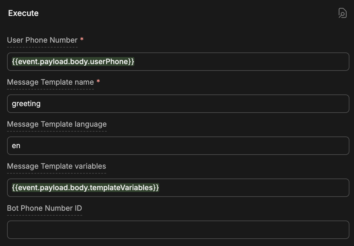 Start Conversation Card with User Phone, Template name, Template language, and Template variables