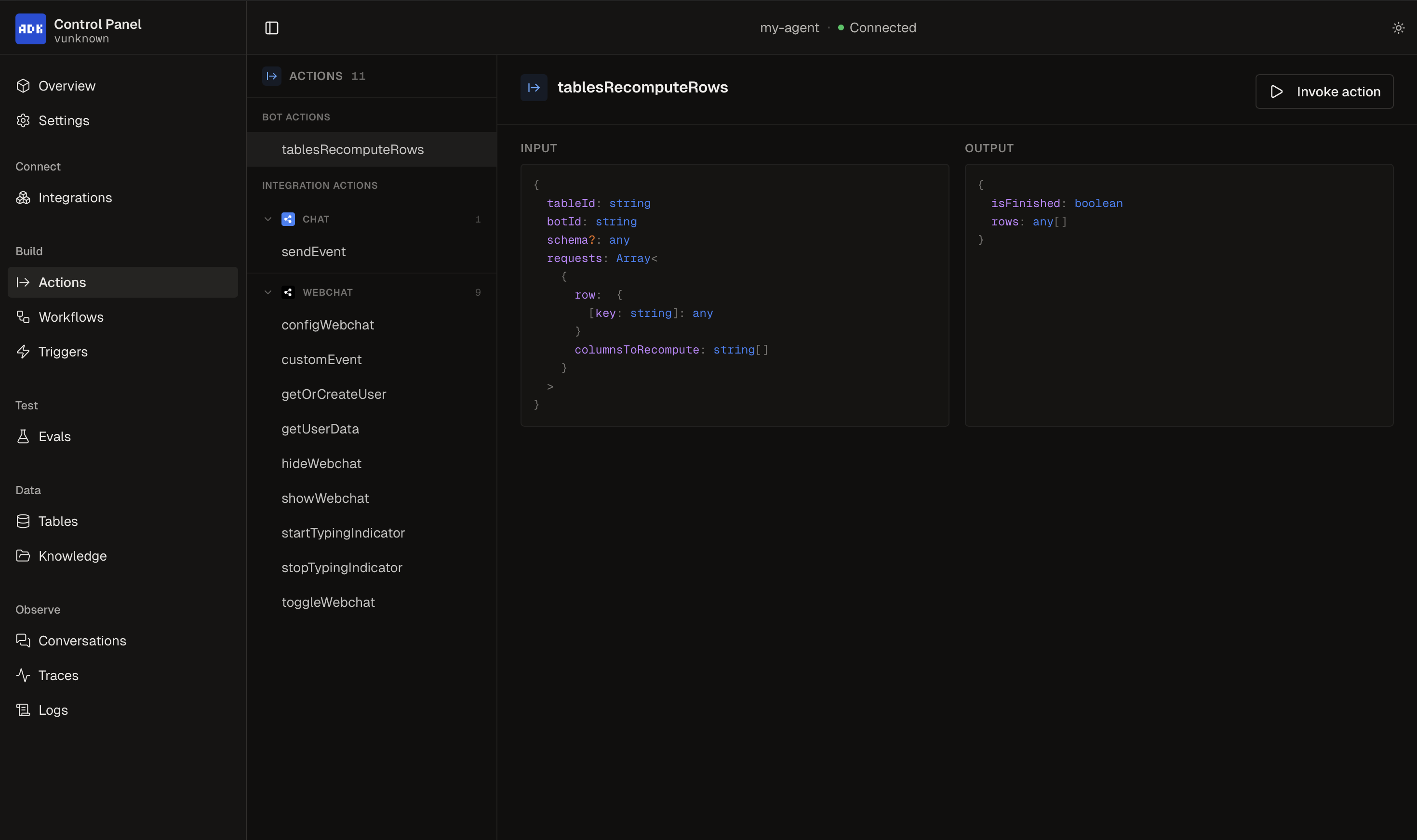 Actions page with Integration and Bot Actions