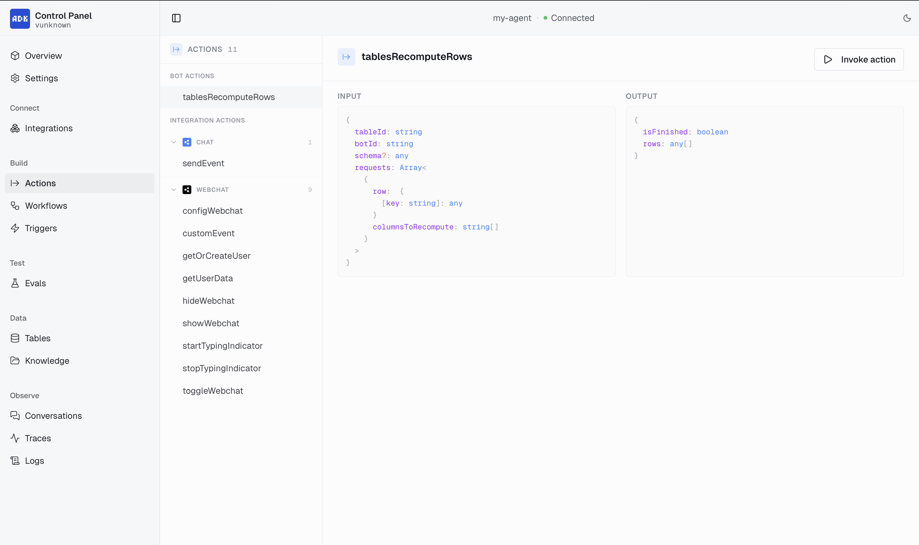 Actions page with Integration and Bot Actions