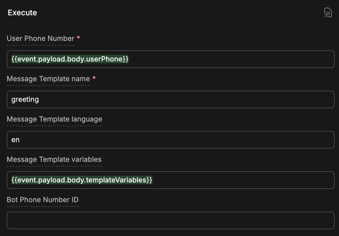 Start Conversation Card with User Phone, Template name, Template language, and Template variables