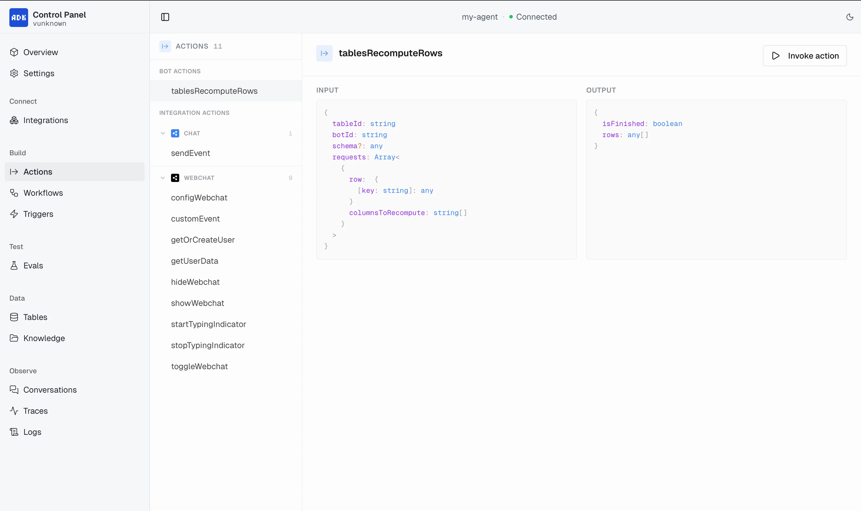 Actions page with Integration and Bot Actions