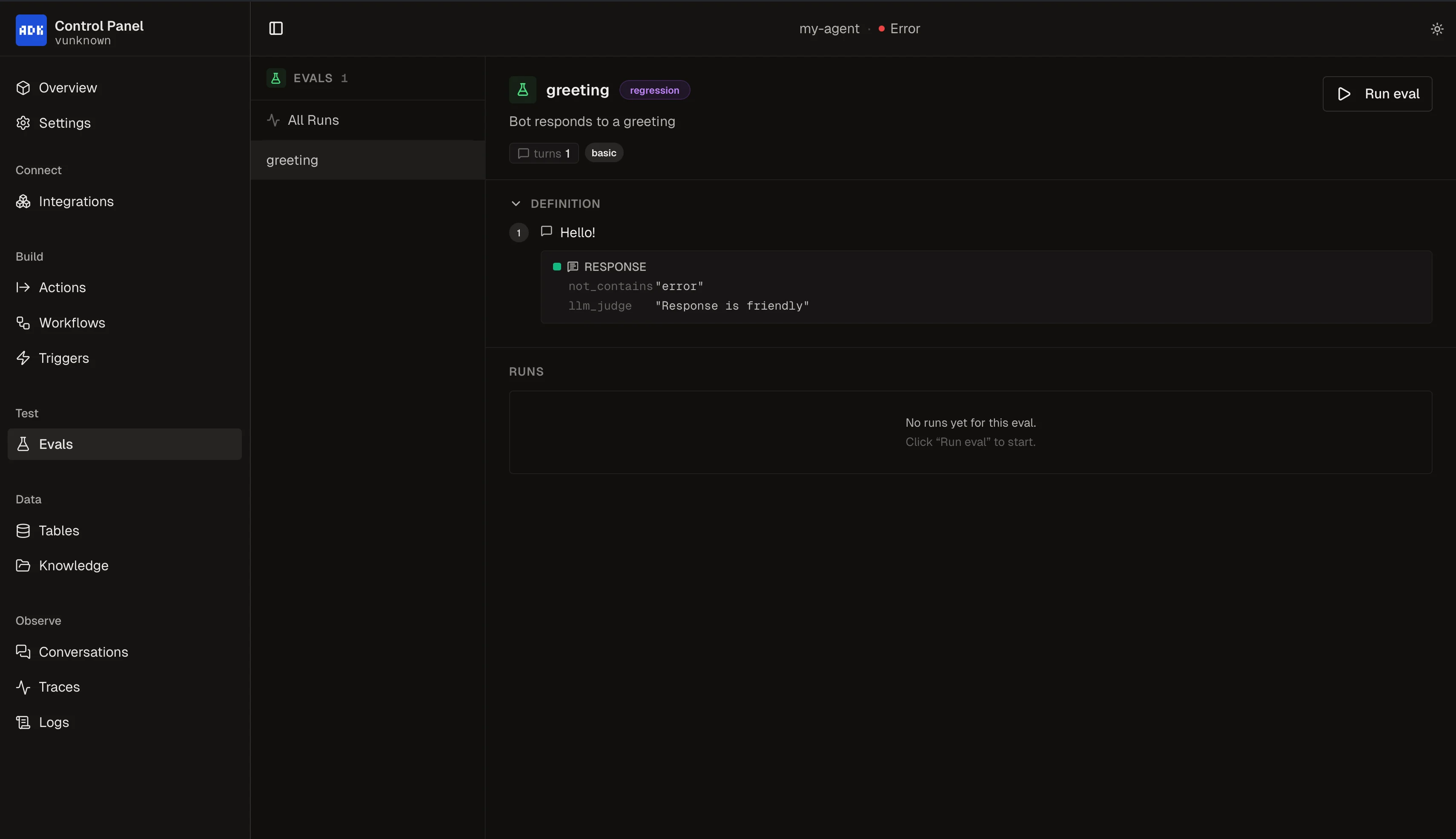 Evals page for declarative conversation tests
