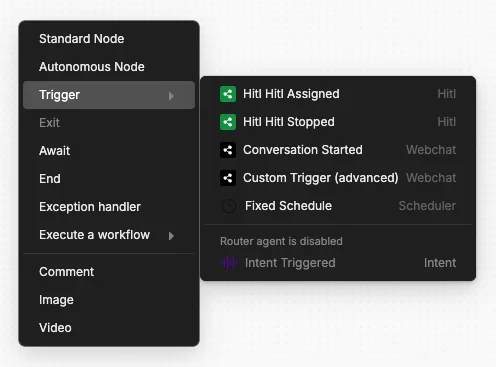 Trigger menu