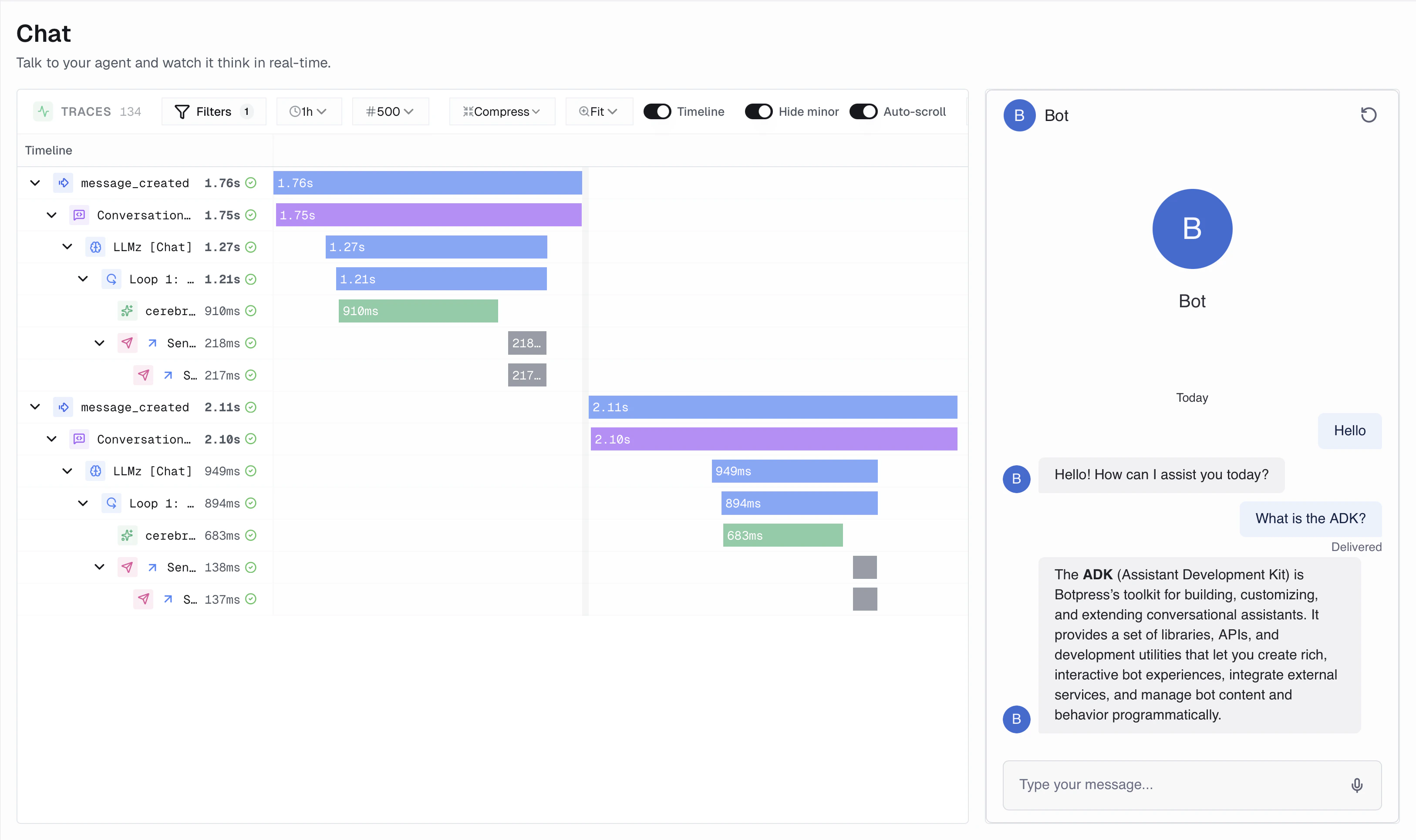 Chat view with Timeline and Bot conversation