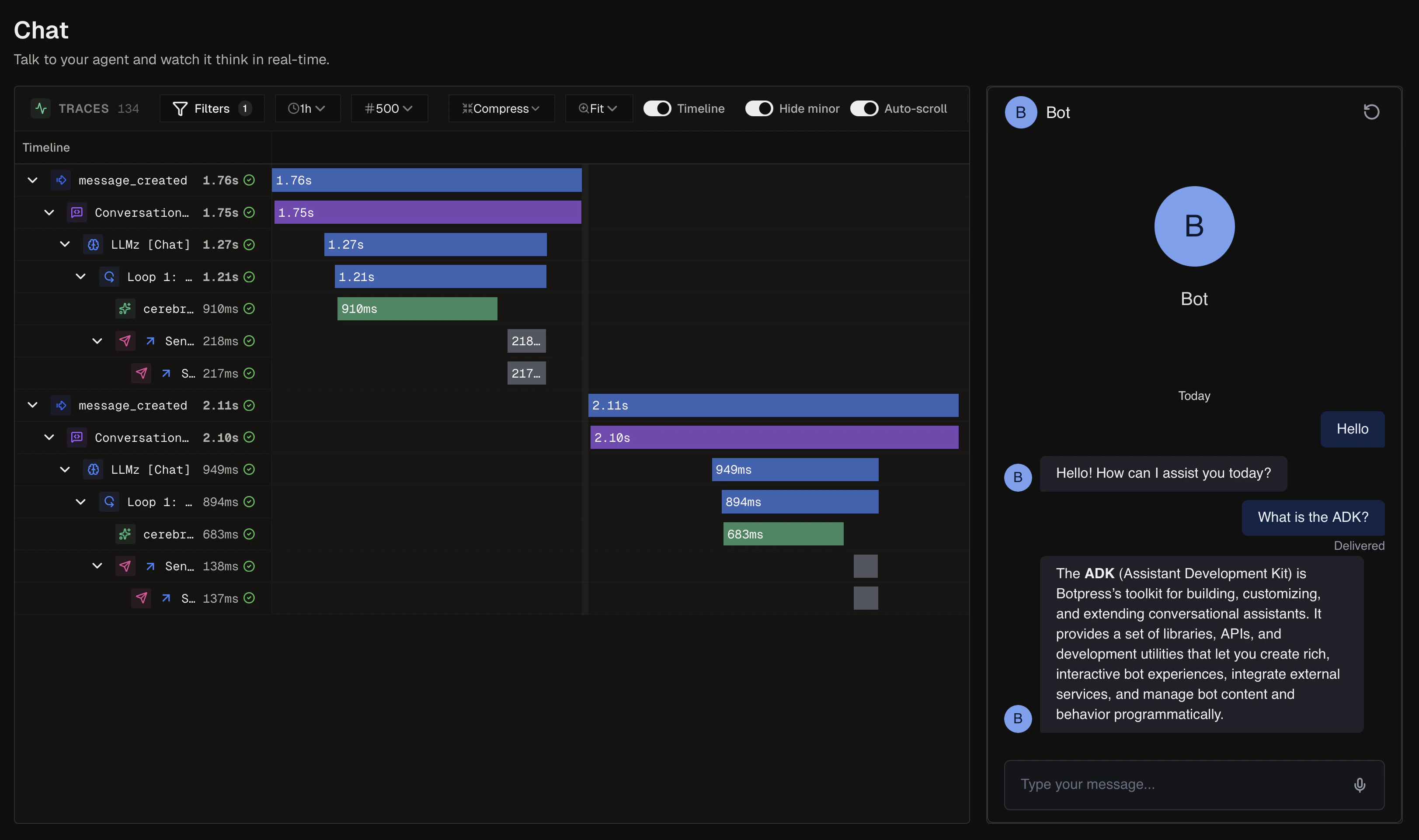 Chat view with Timeline and Bot conversation